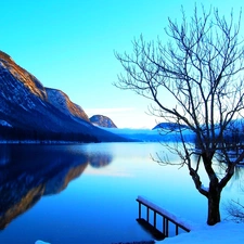 winter, lake, trees, Mountains