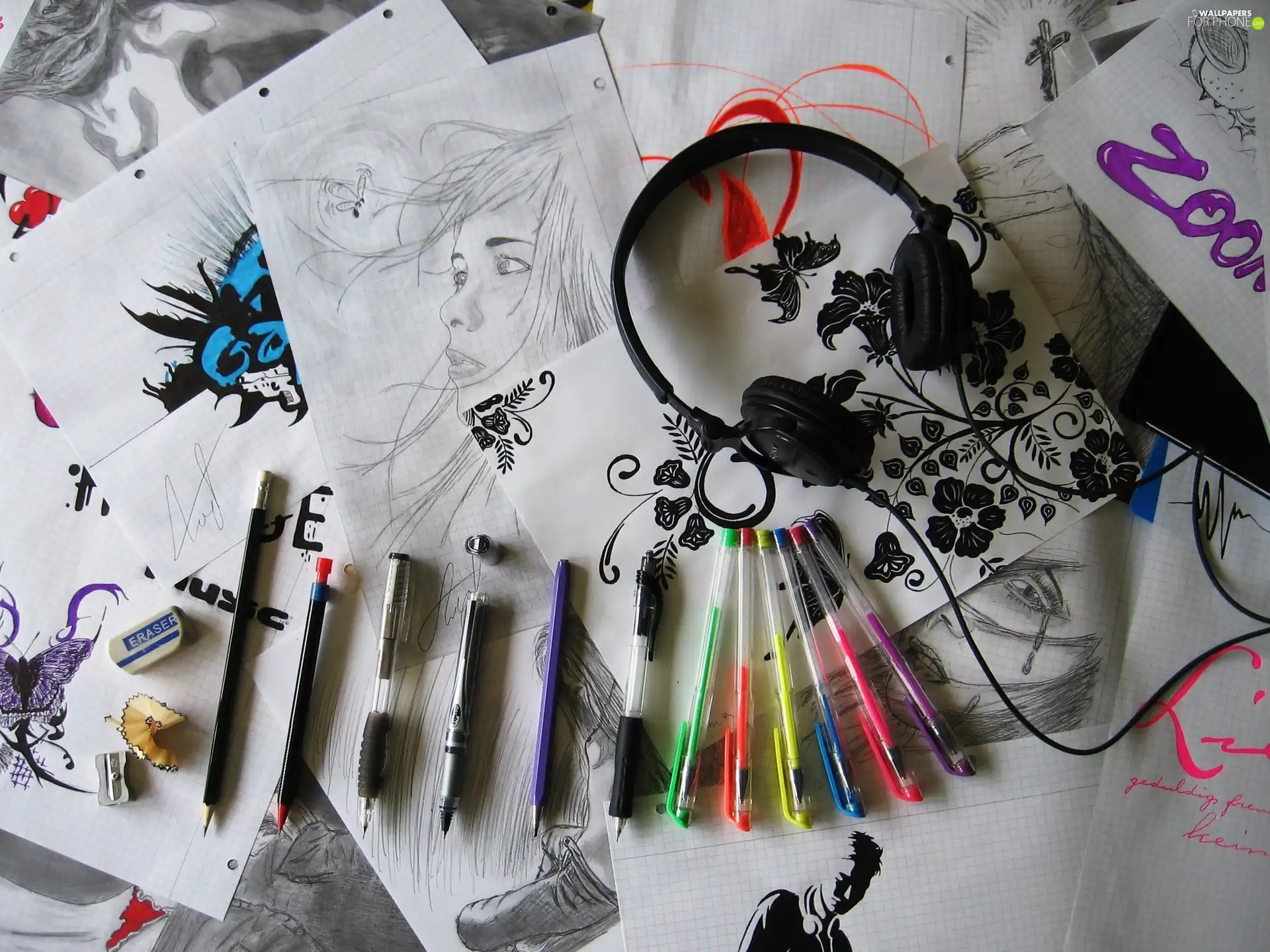 Pens, HEADPHONES, drawings, Pencils