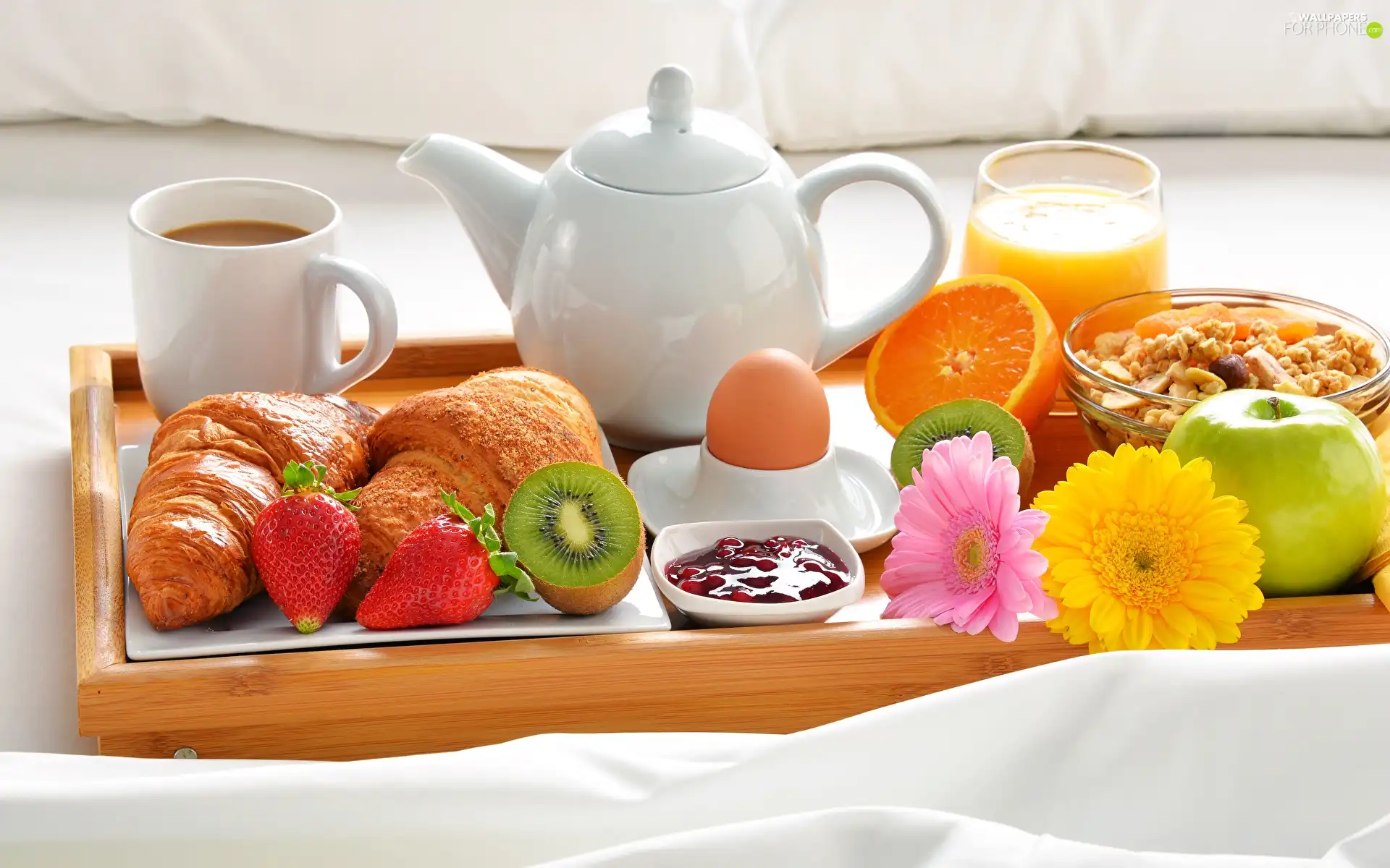 kettle, breakfast, Apple, egg, croissants, Tray