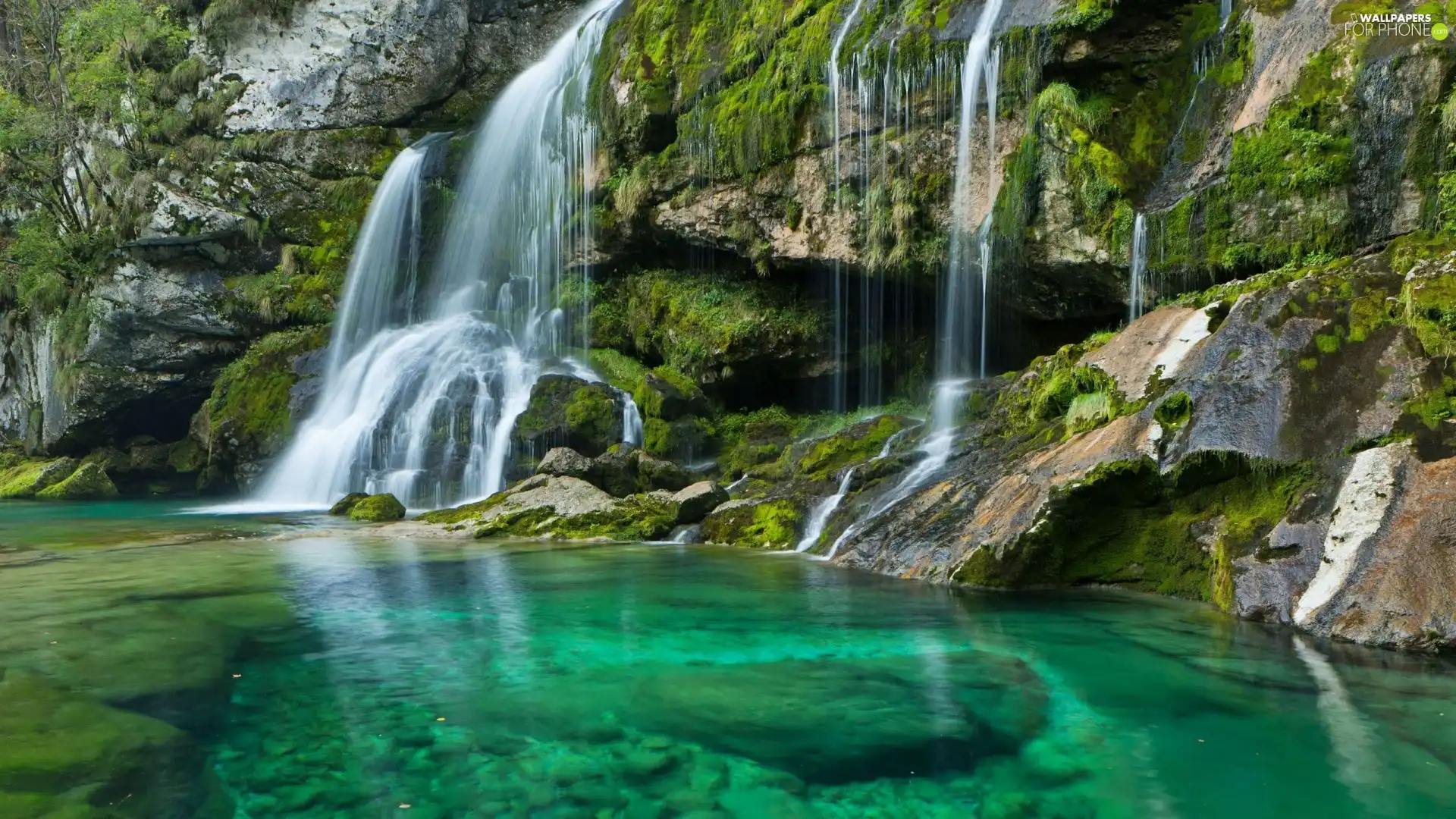 waterfall, lake, Slovenia, rocks