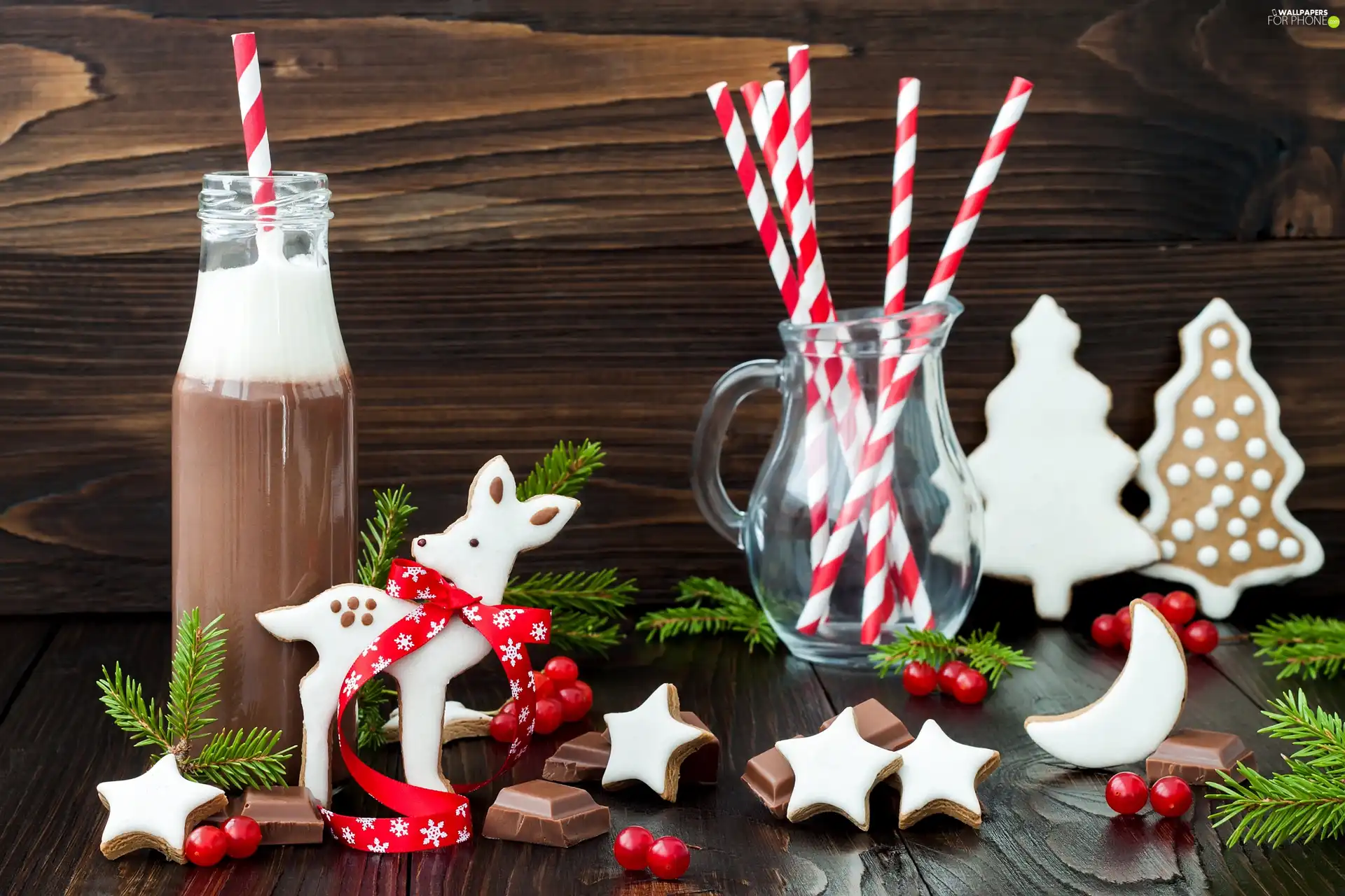 ginger, Christmas, Stars, fawn, Twigs, chocolate, Bottle, glace, composition, straws, Christmas
