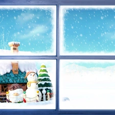 Cottage, Snowman, winter, snow, Window