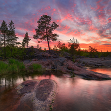 clouds, trees, rocks, Karelia, color, Lake Ladoga, viewes, Russia, Great Sunsets, Sky