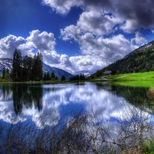 lake, clouds, trees, viewes, reflection, Mountains