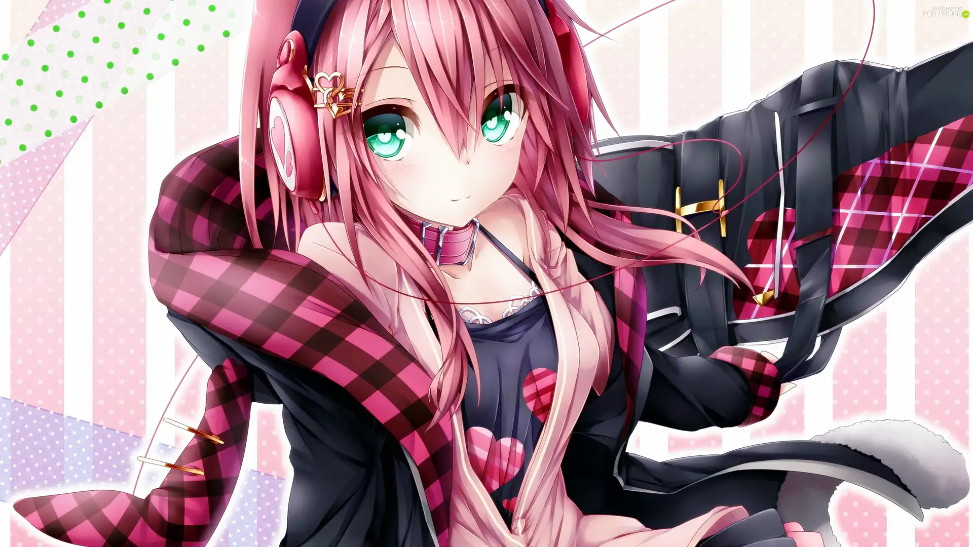 girl, pink hair, Anime, HEADPHONES