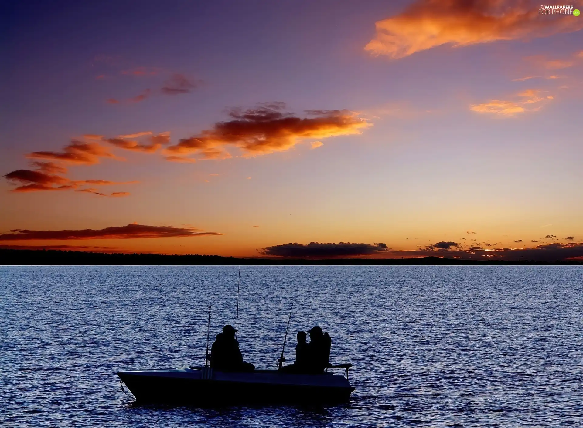 lake, Anglers, Boat, clouds