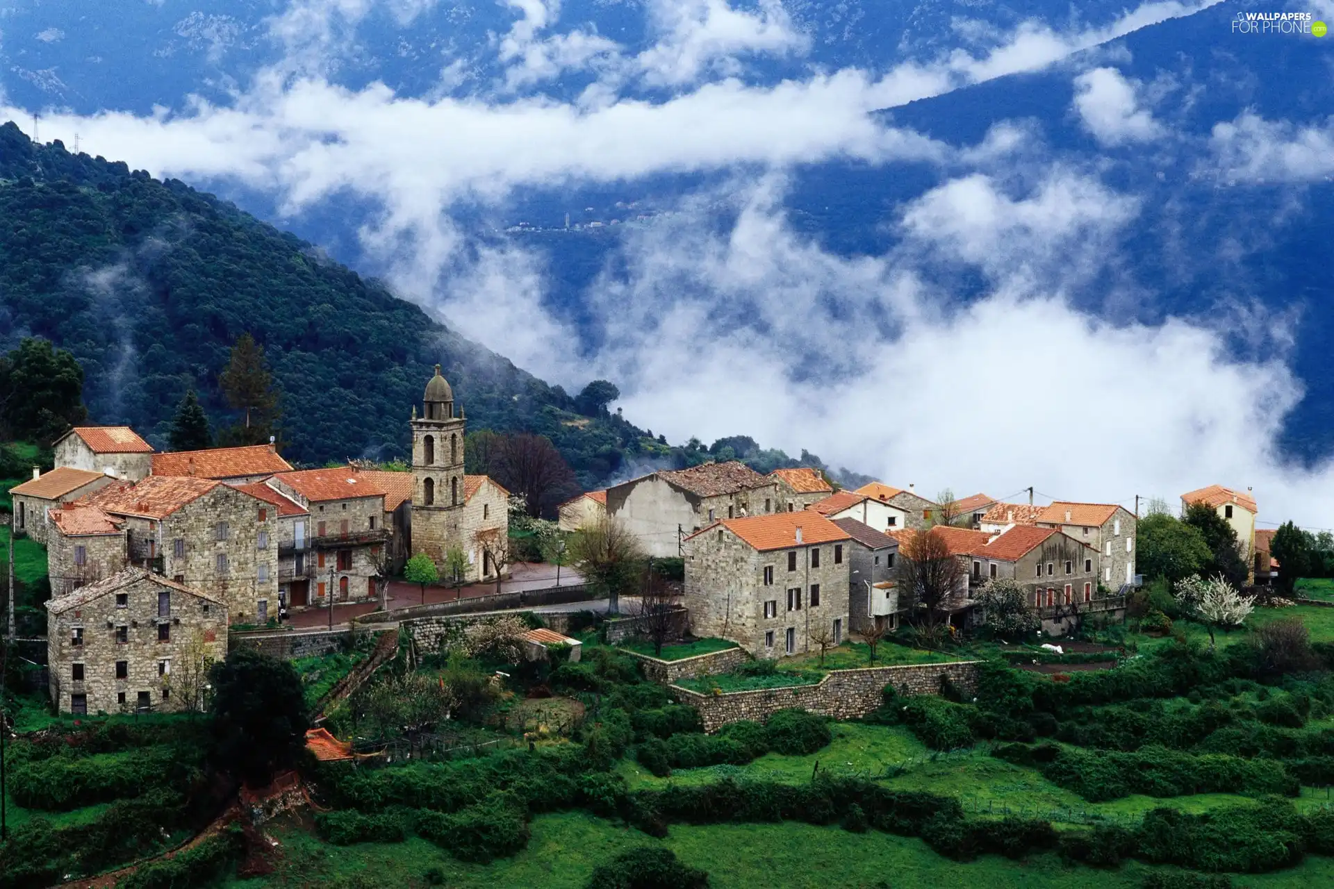 Mountains, village, buildings, clouds