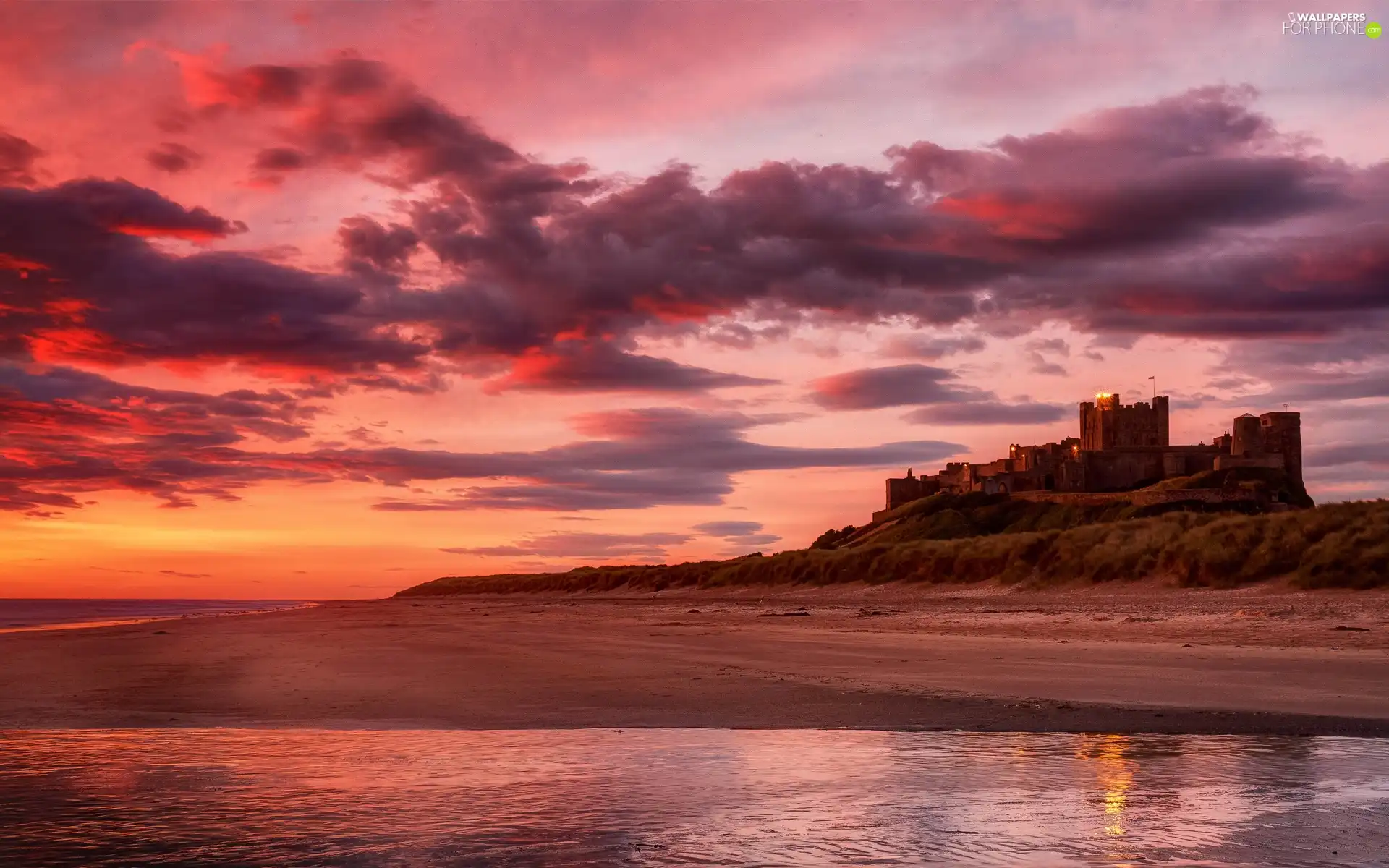 west, sea, Castle, sun