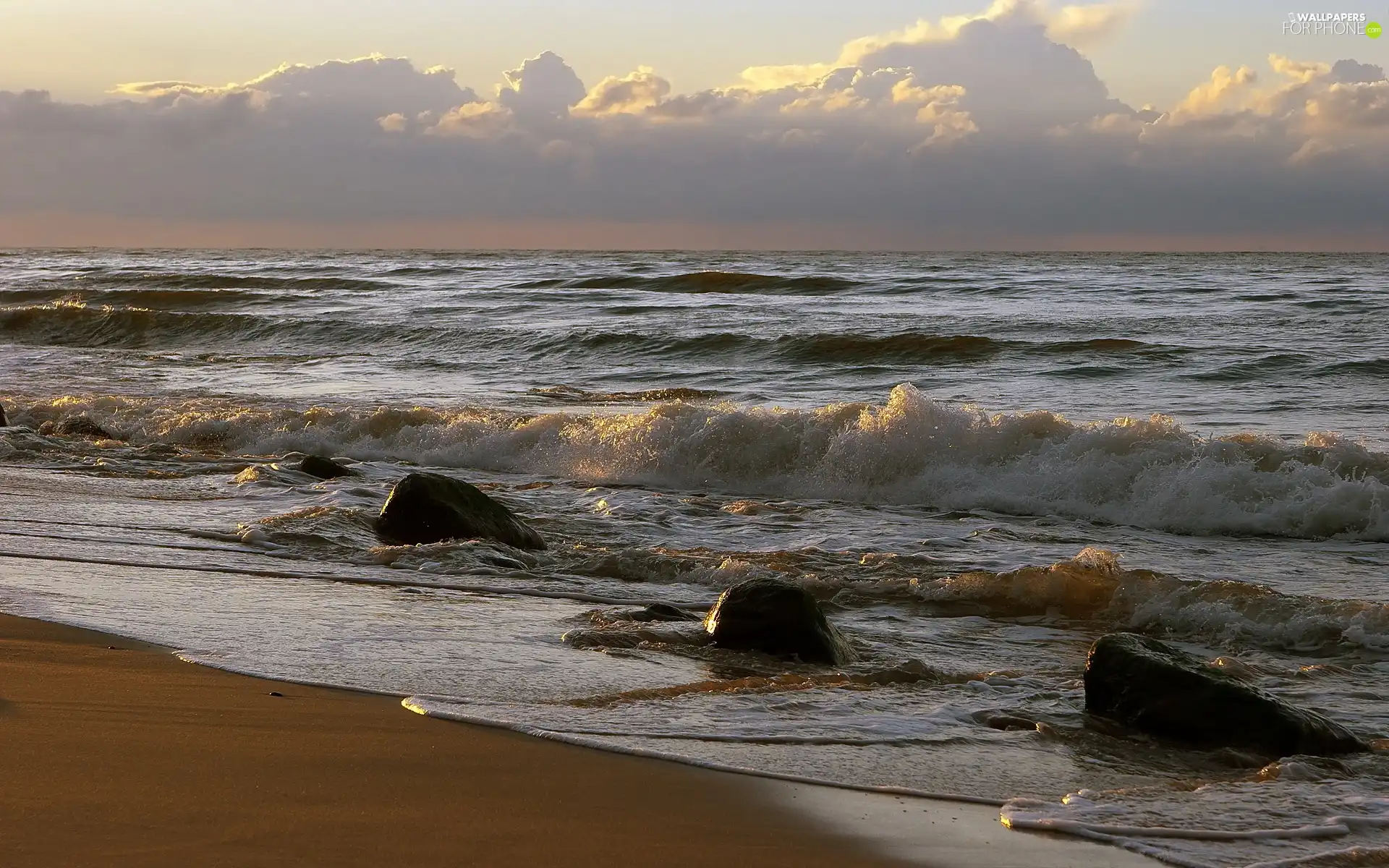 water, Sand, clouds, Stones