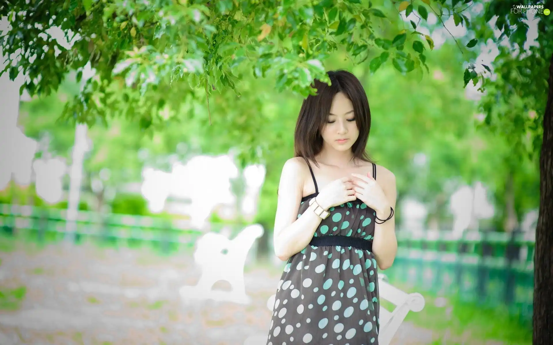 dress, trees, brunette, Summer, very sensible