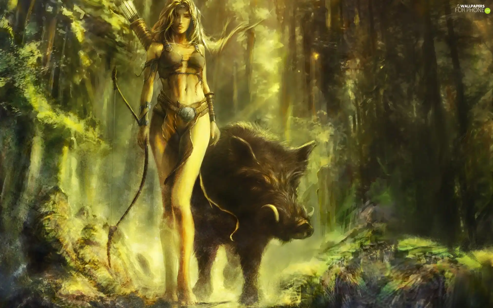 forest, Women, Boar