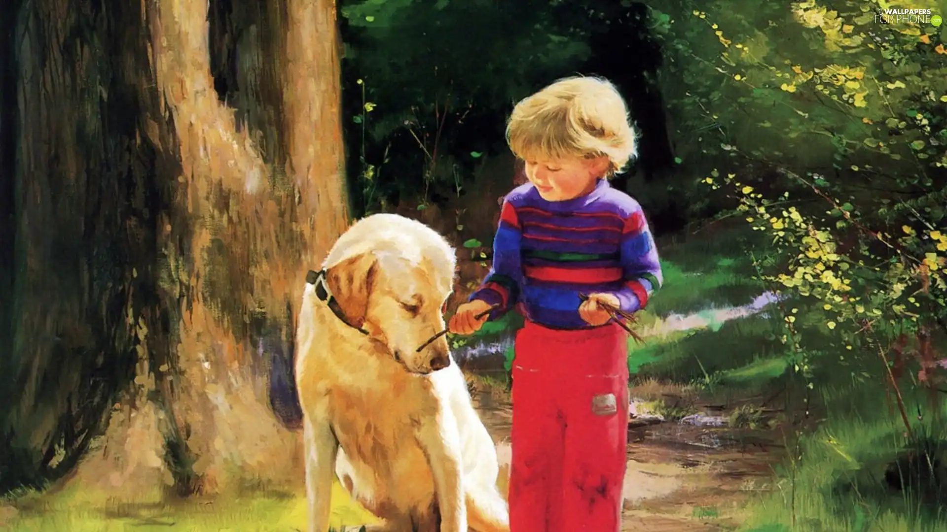 forest, boy, dog