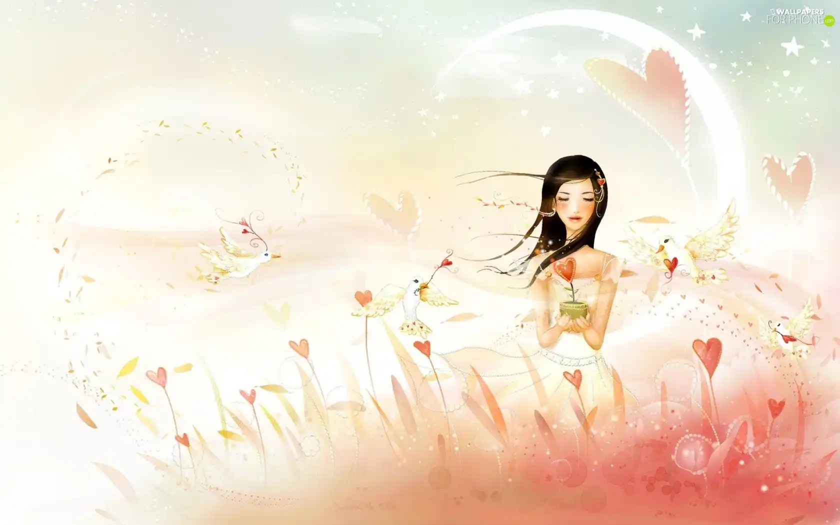 heart, imagination, Meadow, Flowers, Women