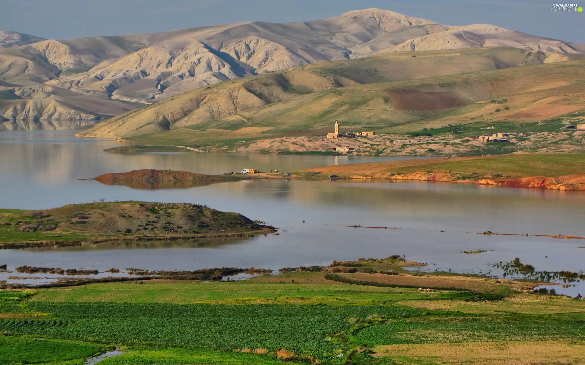 River, field, Houses, Mountains