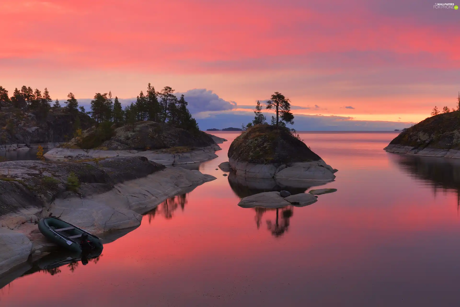 reflection, Stones, Karelia, Ladoga, Russia, viewes, lake, trees, Islet, Great Sunsets, point, clouds, rocks