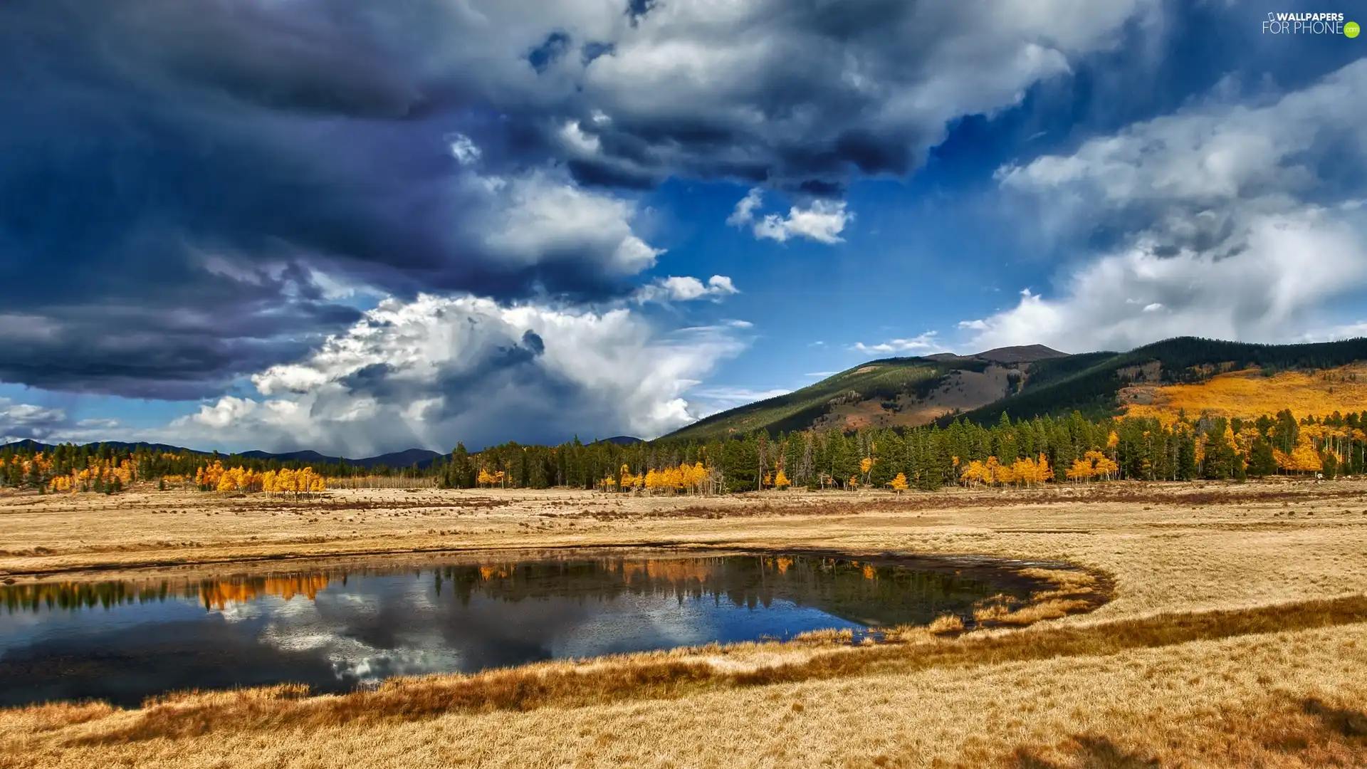 autumn, Mountains, lake, grass