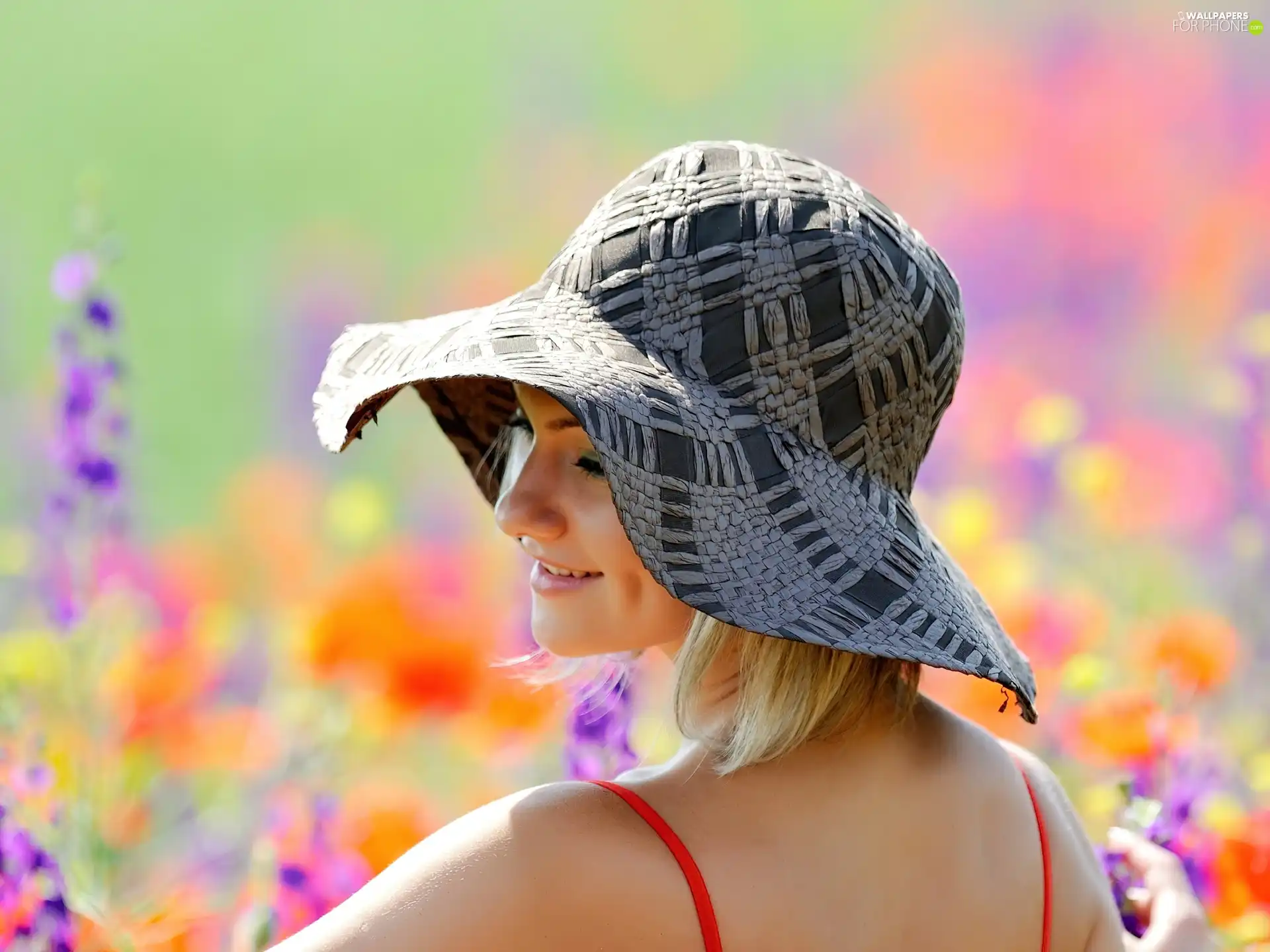 smiling, Hat, Meadow, Blonde