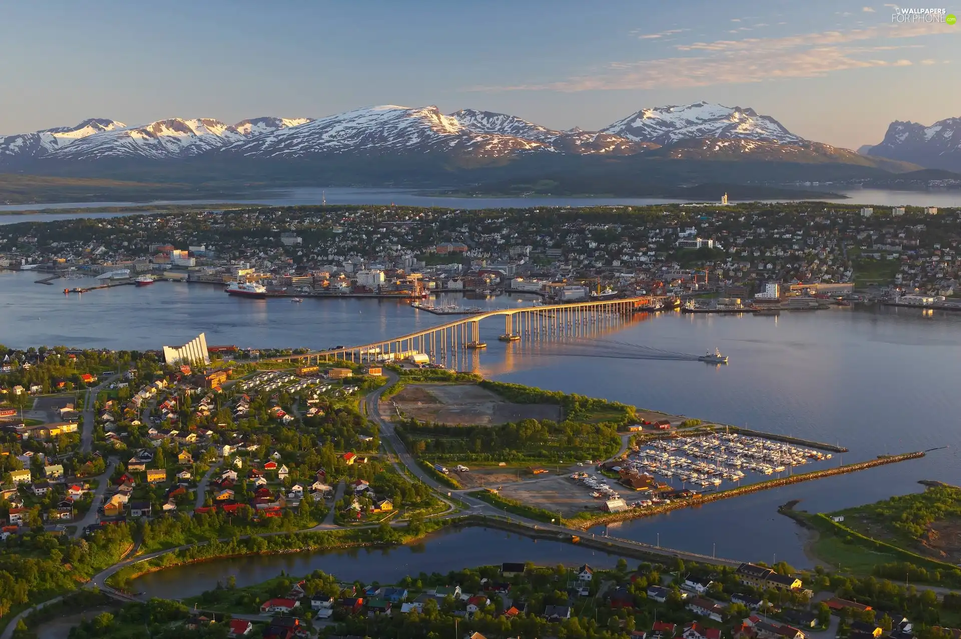 Coast, Town, Mountains, bridge