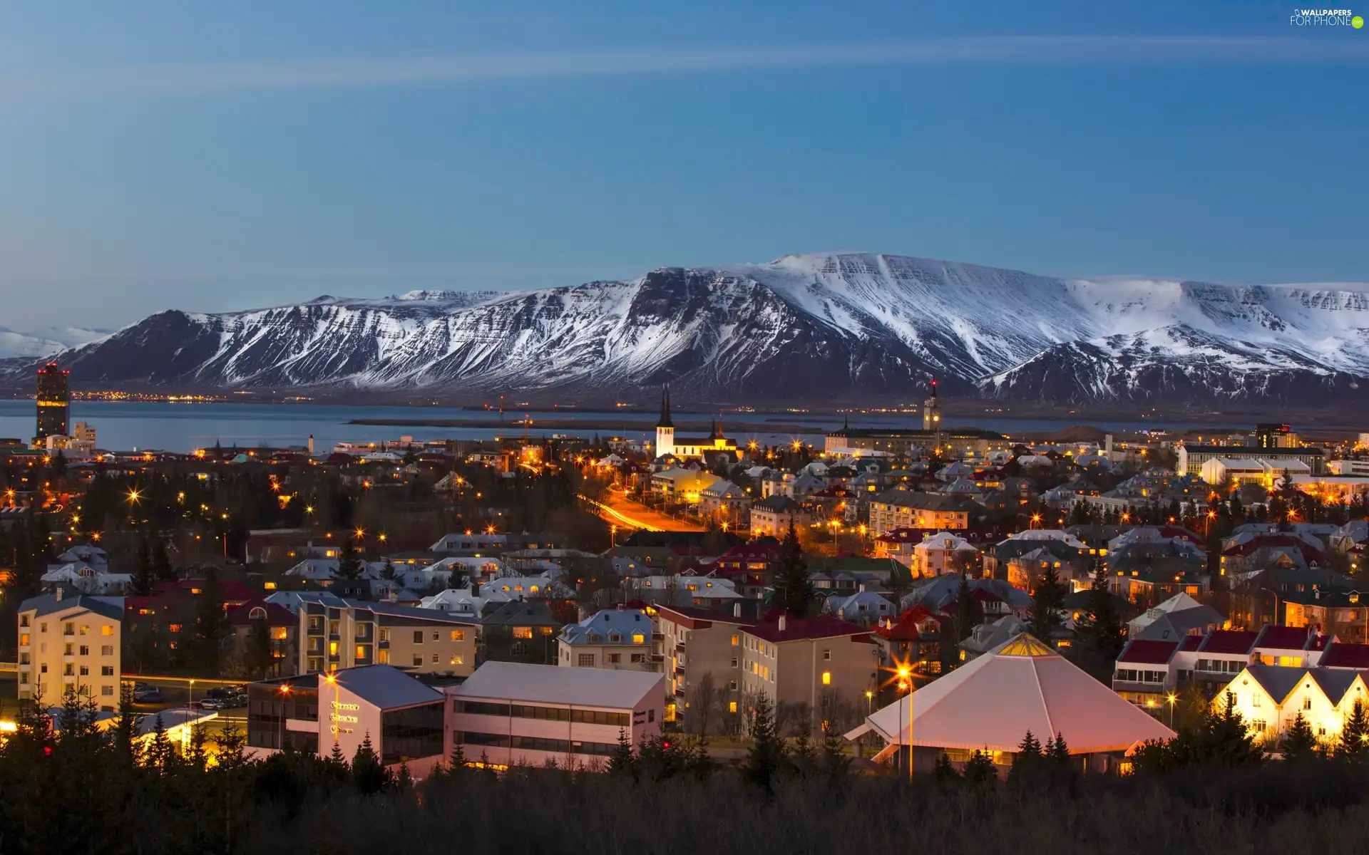 Mountains, River, Reykjavik, Town, iceland