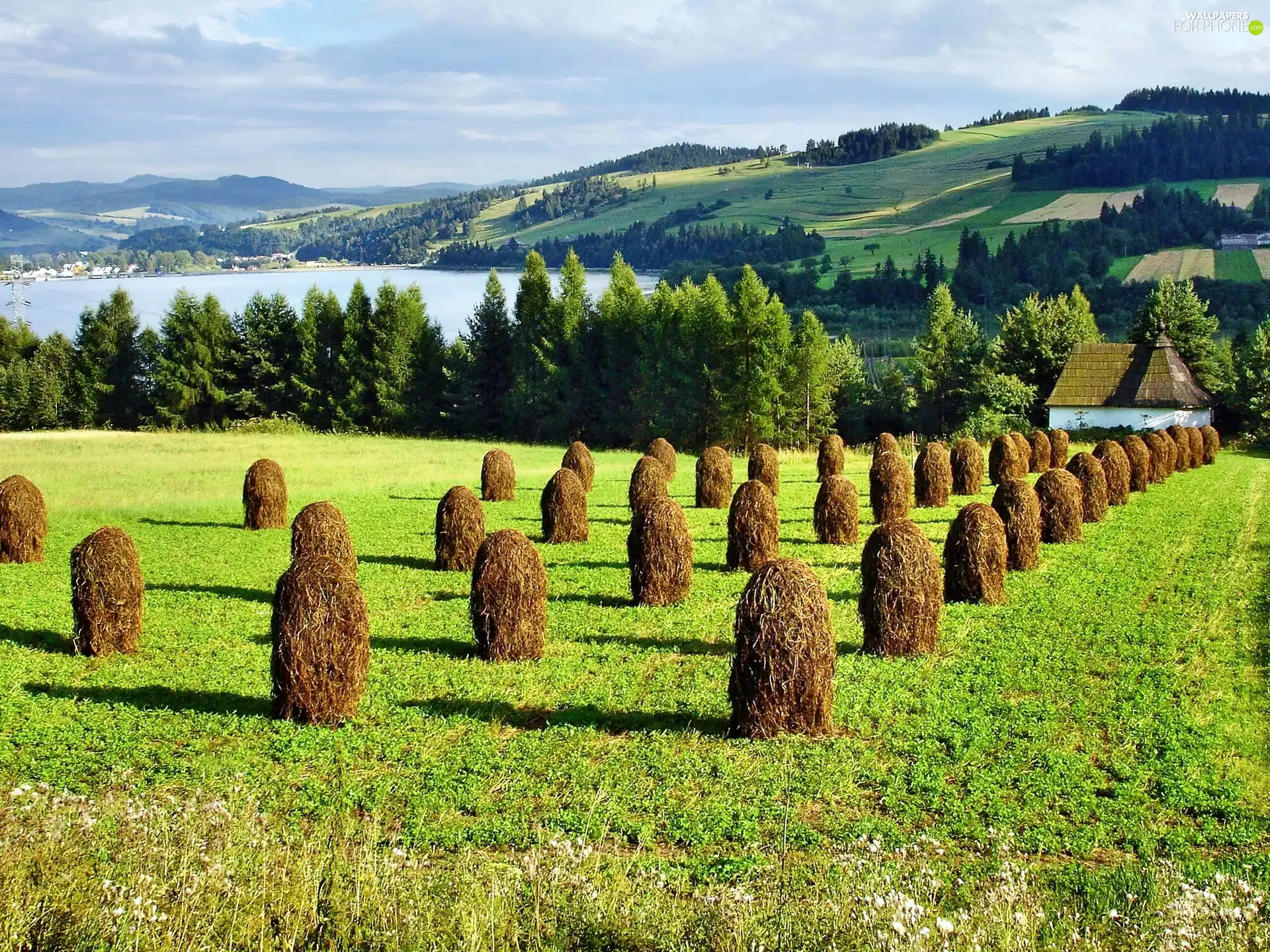 sheaves, lake, Mountains, hay