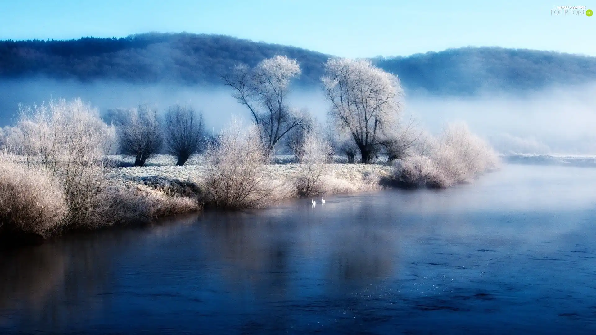 viewes, River, Mountains, winter, Fog, trees