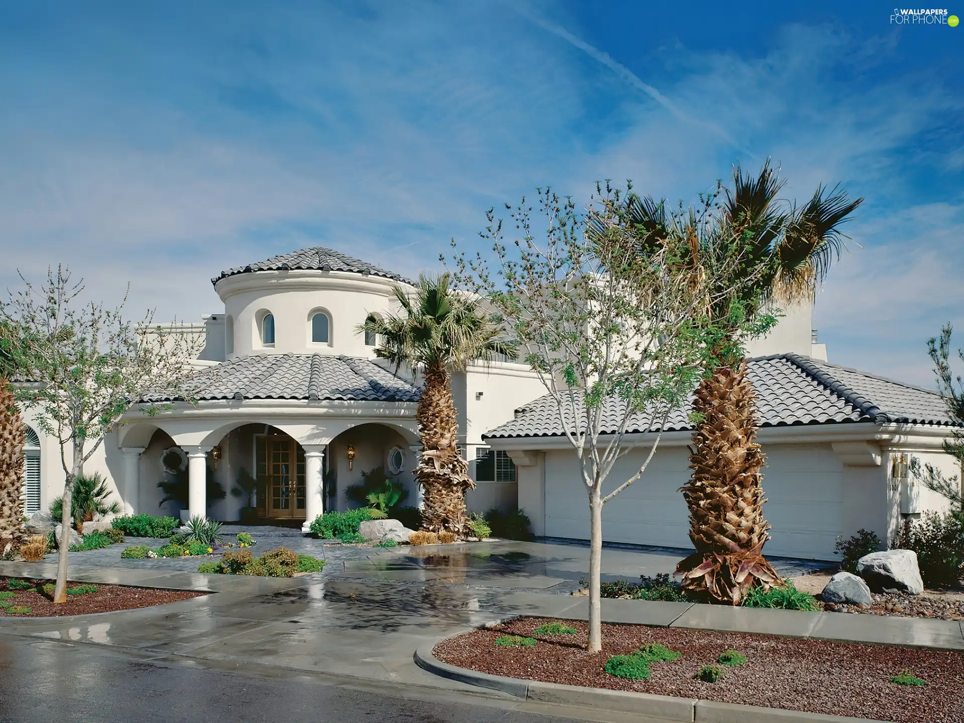 White, entrance, Palms, villa