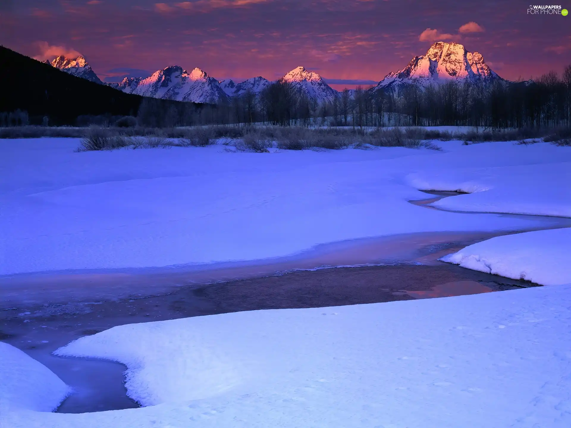 peaks, winter, Mountains, illuminated, River