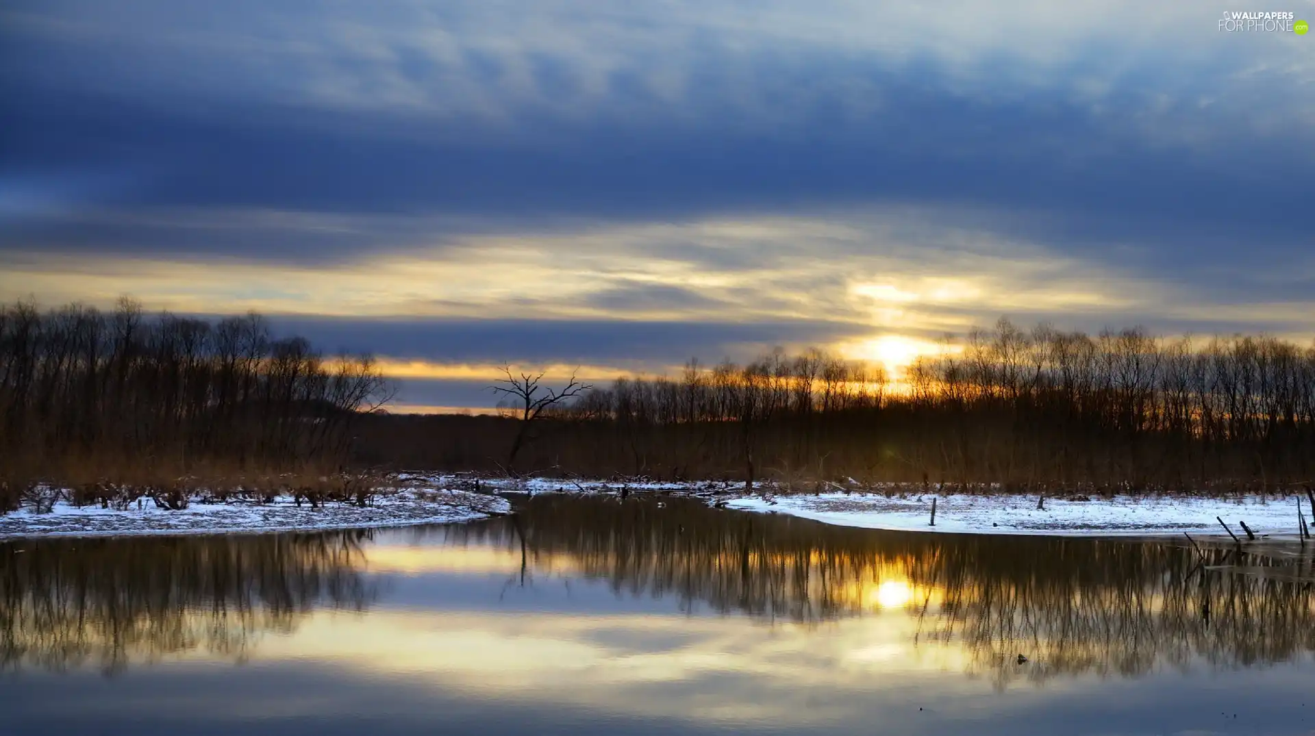 lake, sun, reflection, west