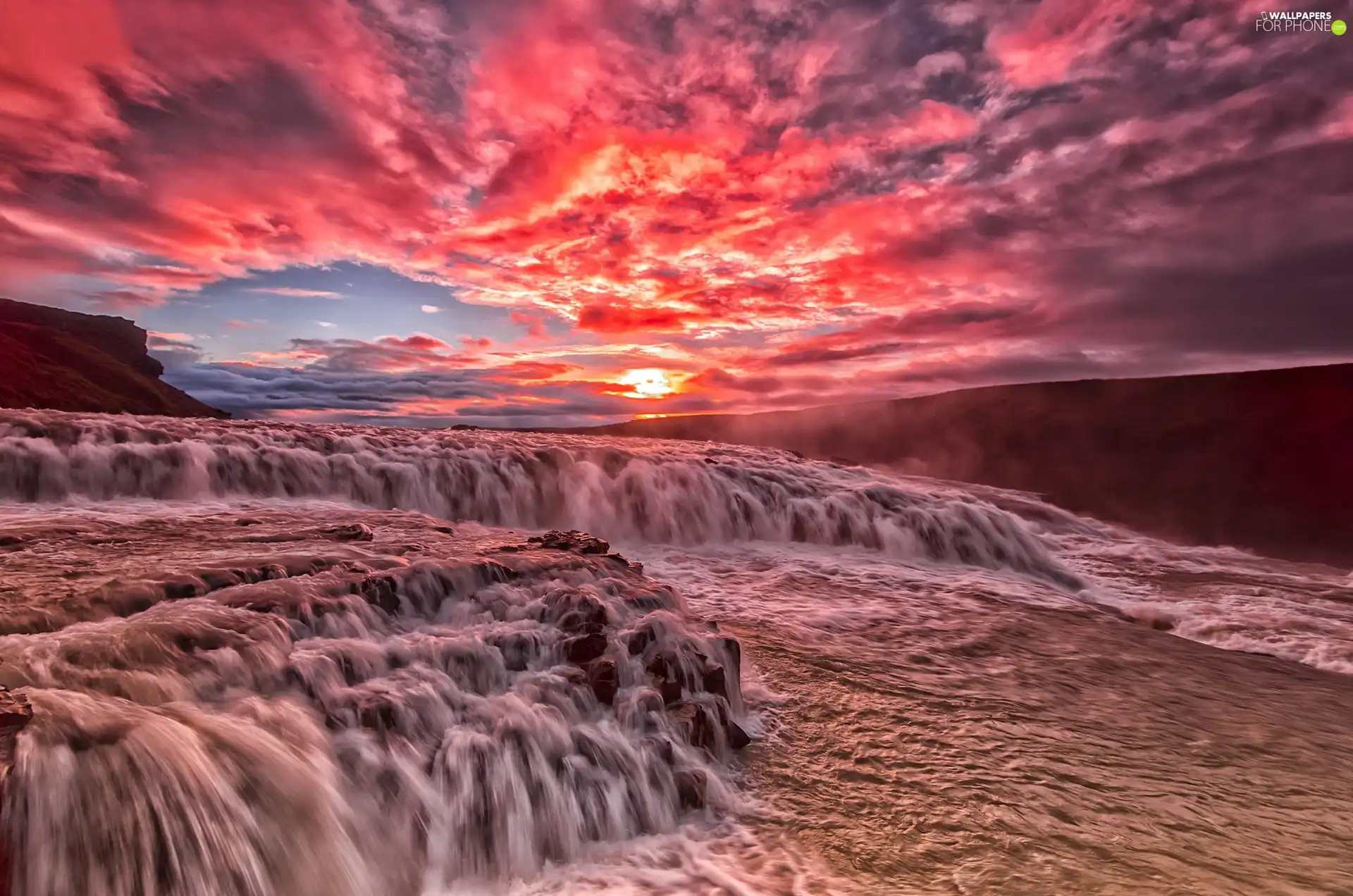 River, cascade, Sky, agitated, Purple