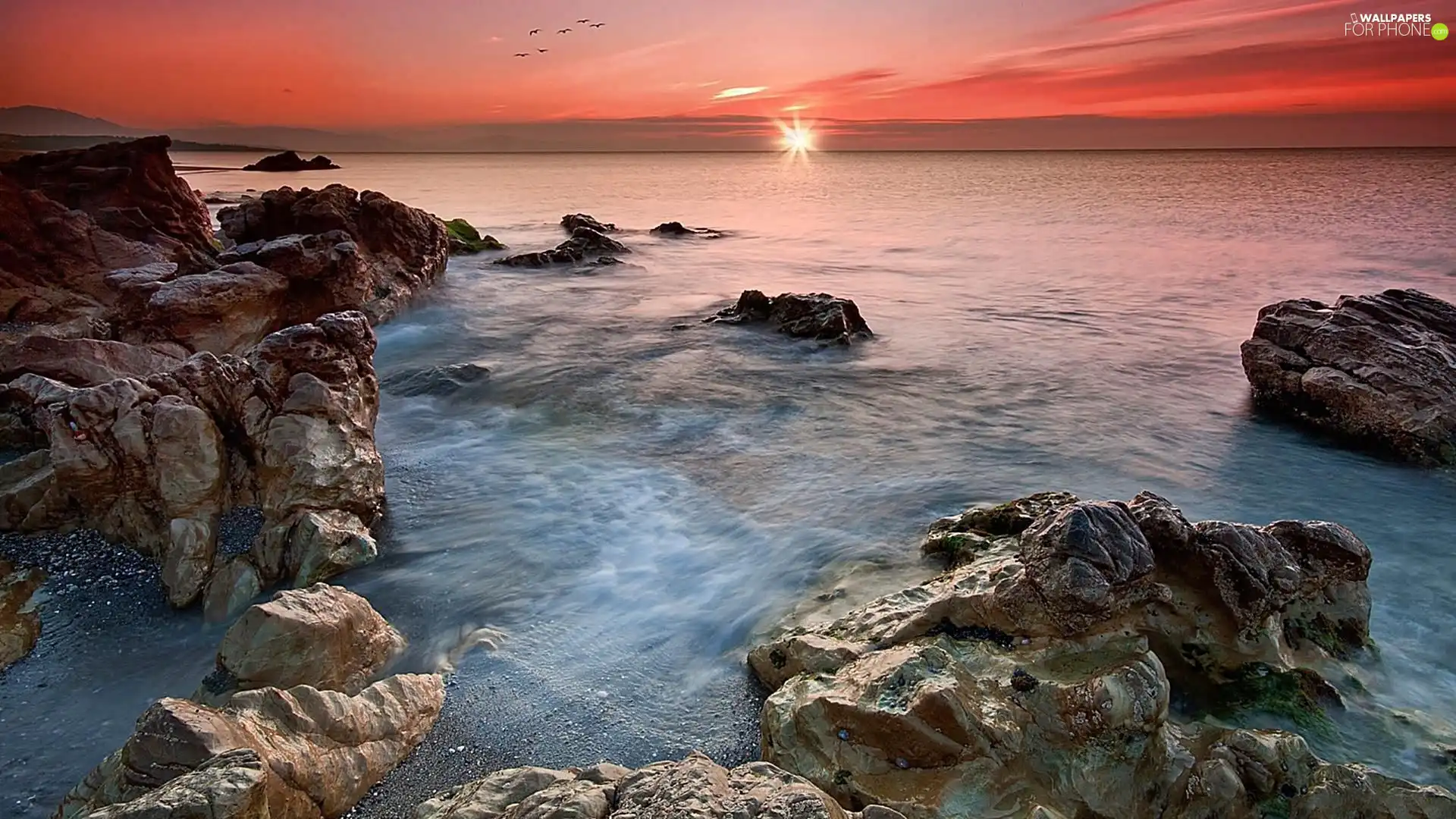 sea, sun, rocks, west