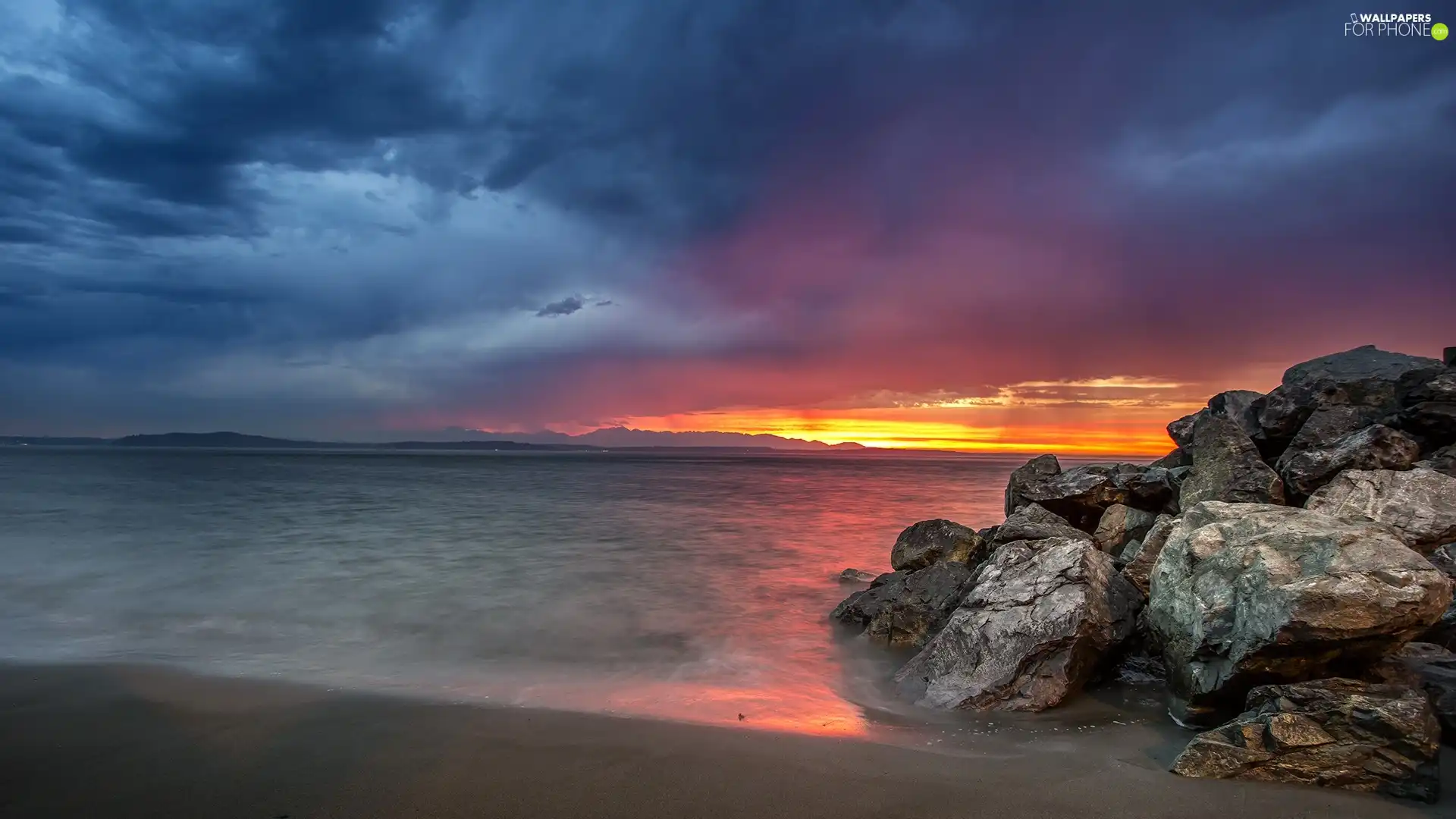 west, sea, rocks, sun