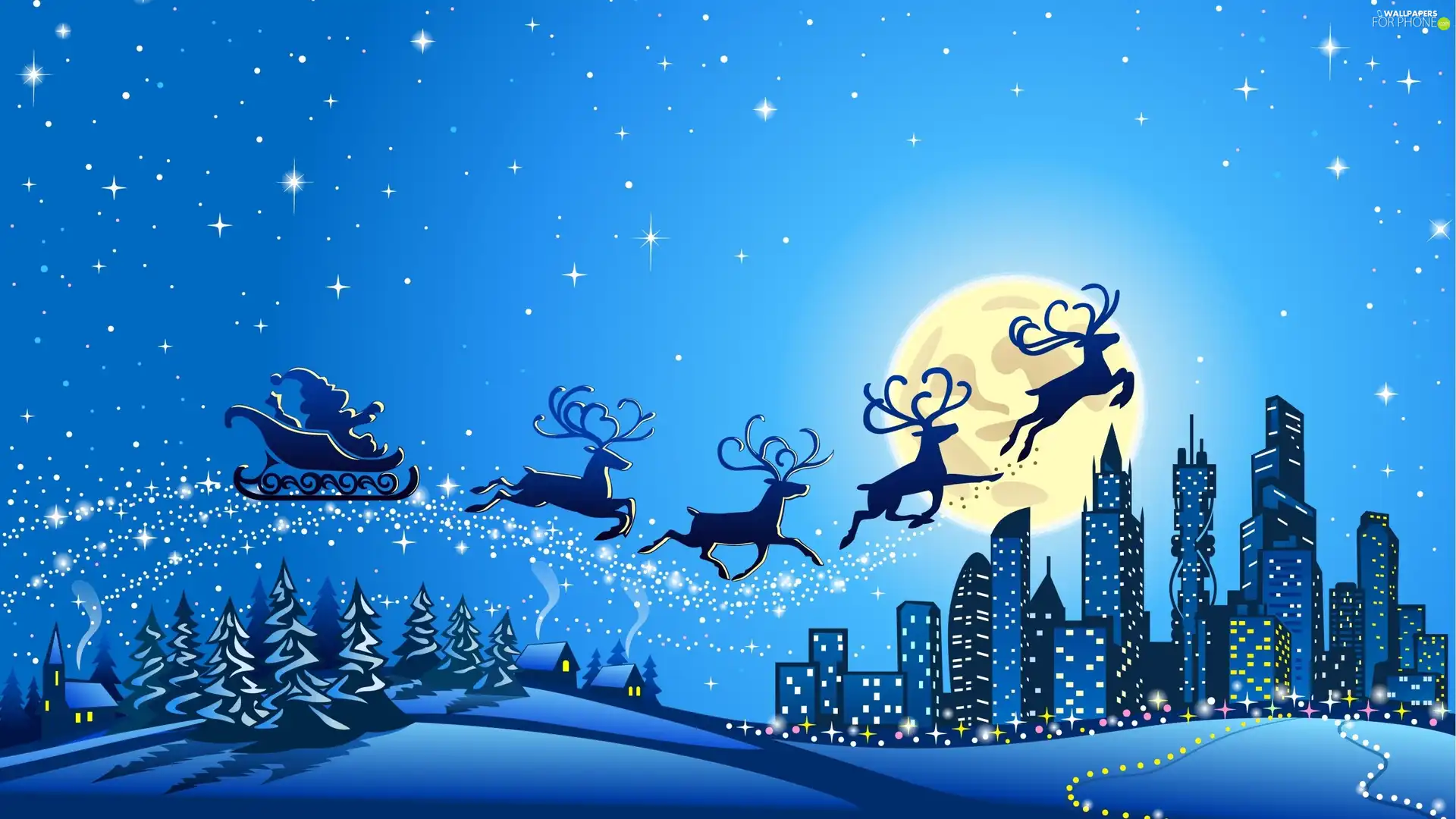 moon, Christmas, Santa, sleigh, reindeer, star