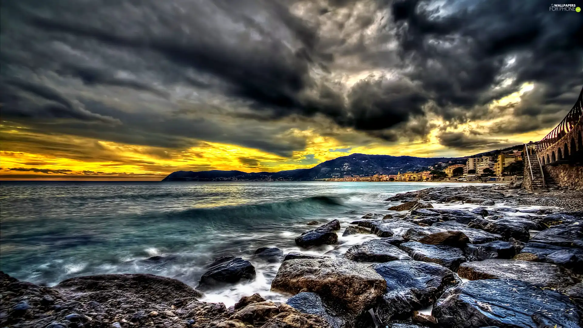 sea, Stones, sun, Mountains, west