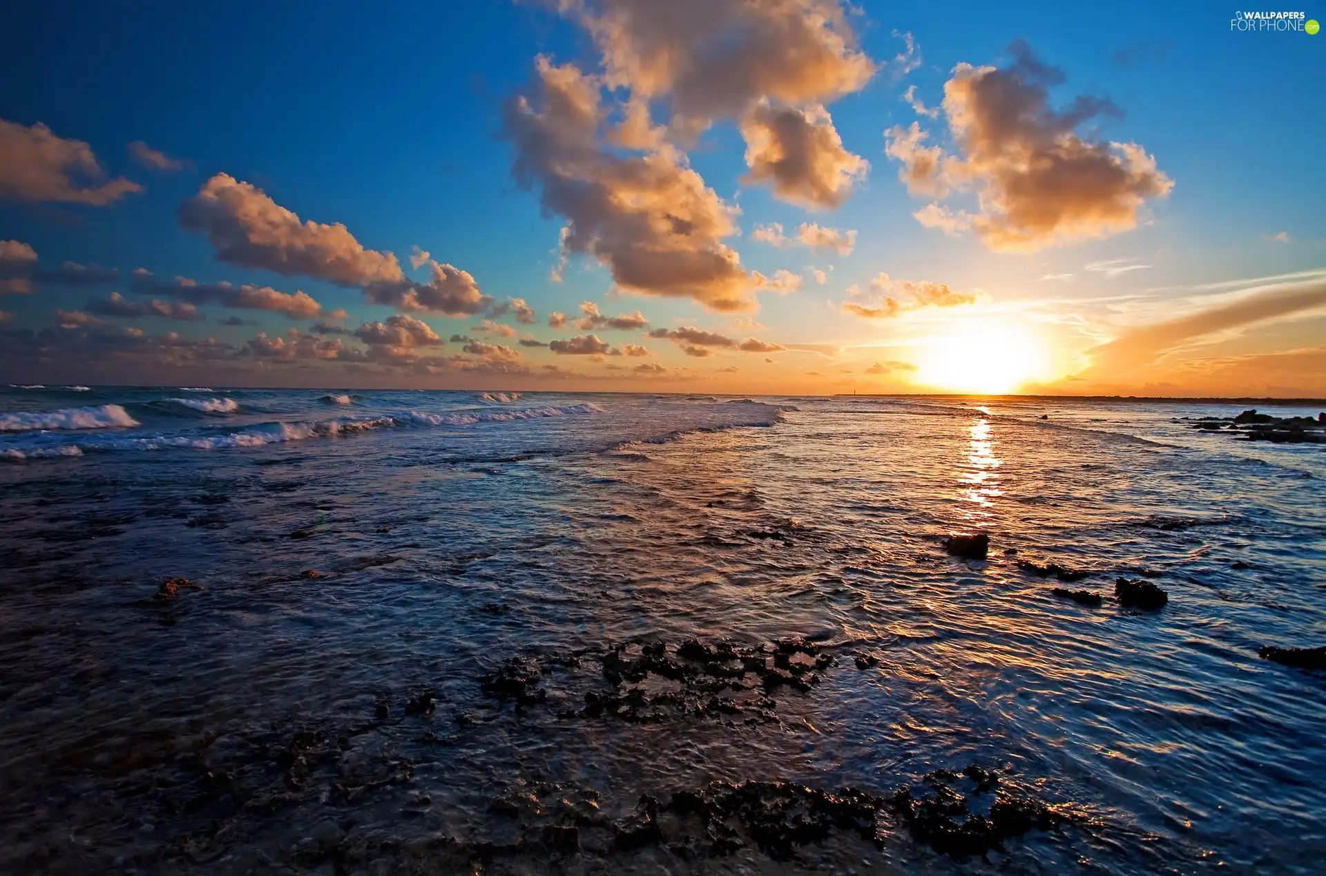 west, clouds, sea, sun