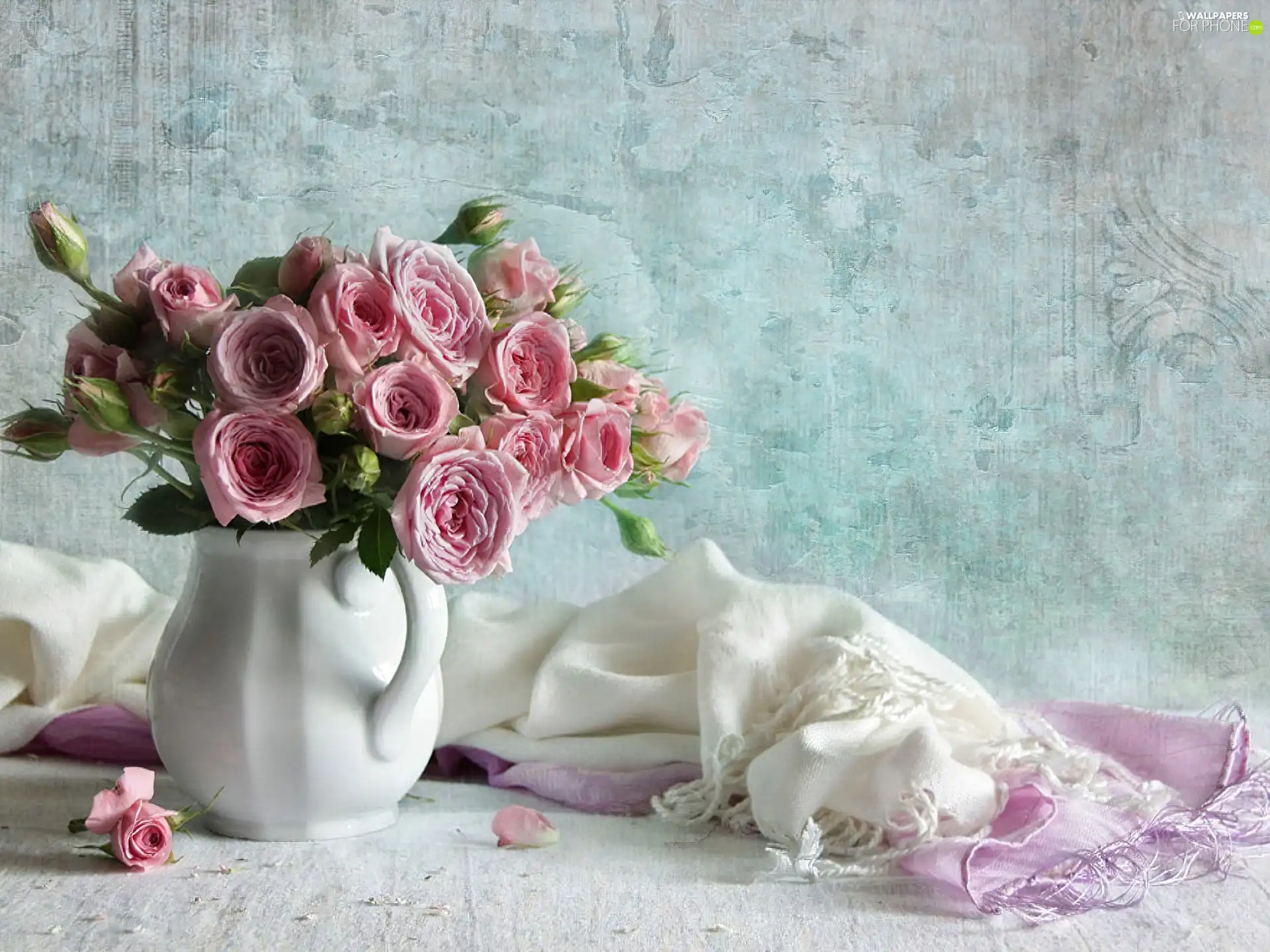 bouquet, jug, shawl, roses