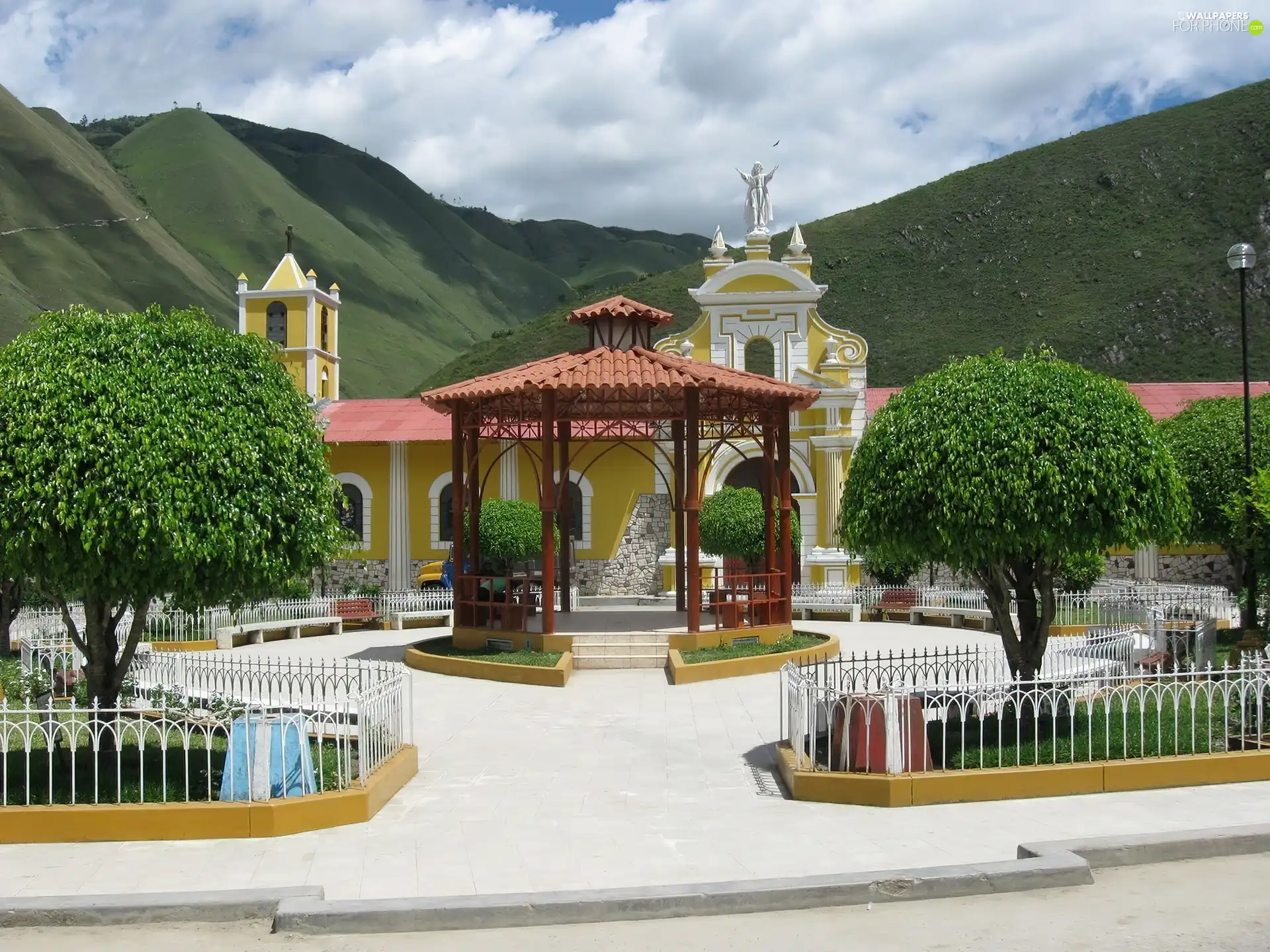 viewes, Church, Sky, clouds, Mountains, trees