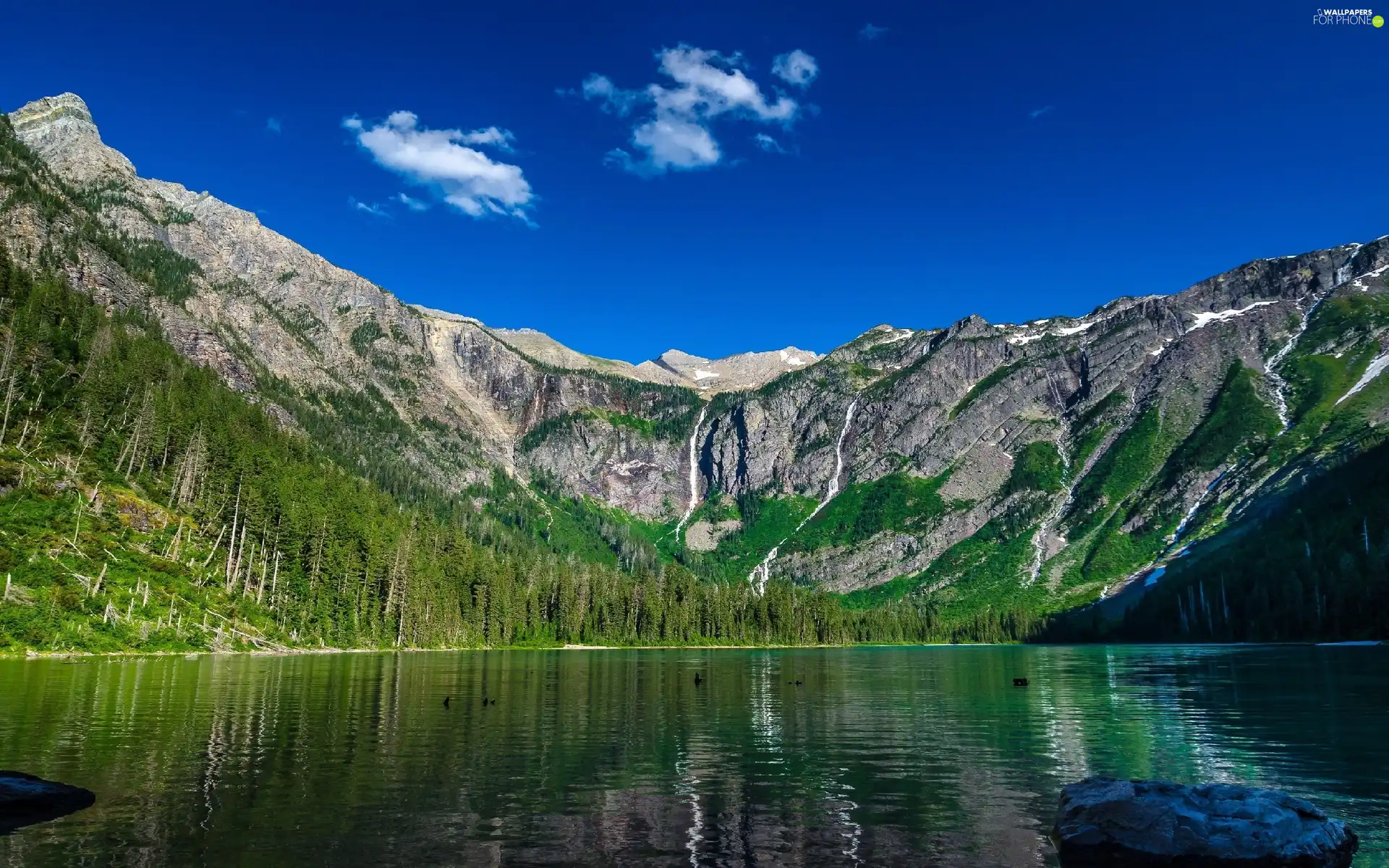 lake, woods, Sky, Mountains