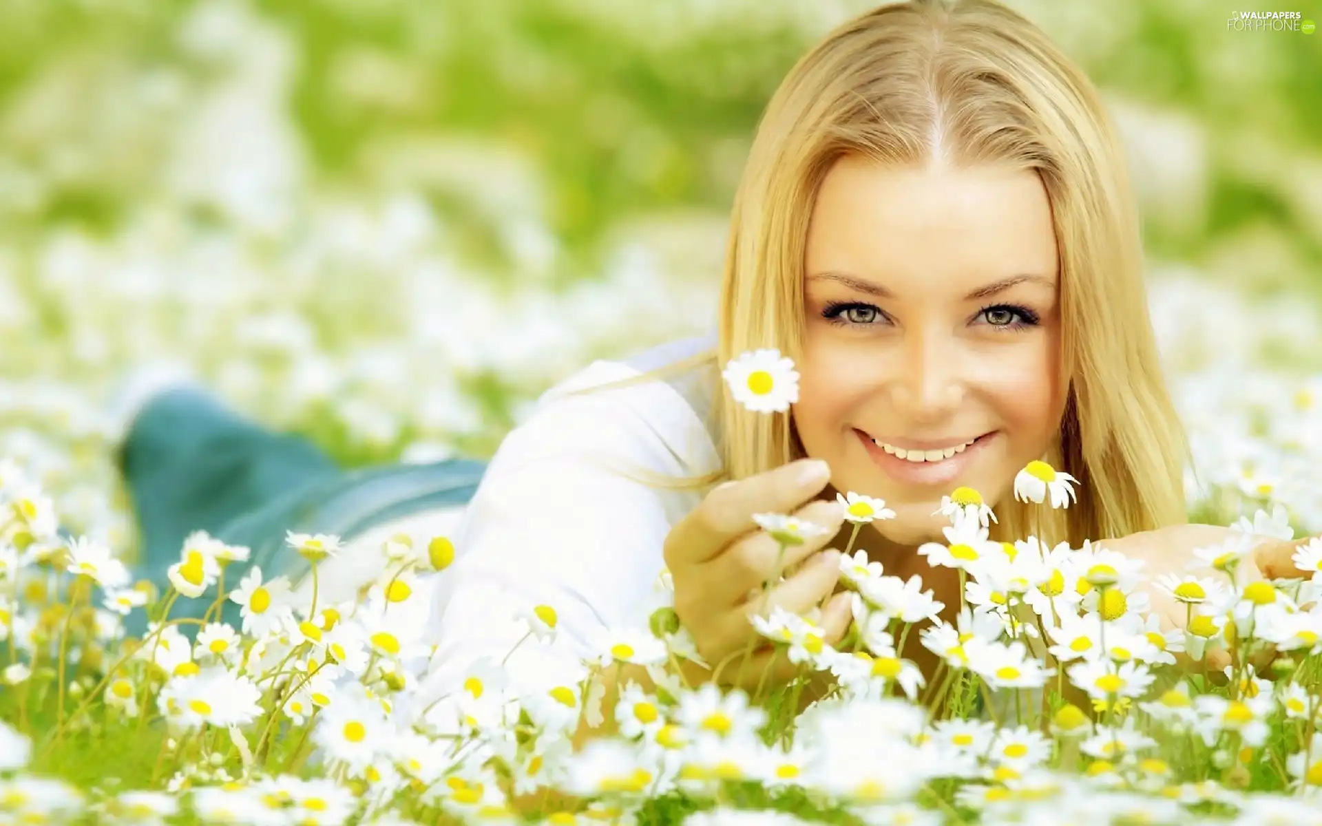 Smile, green, Blonde, Flowers, girl