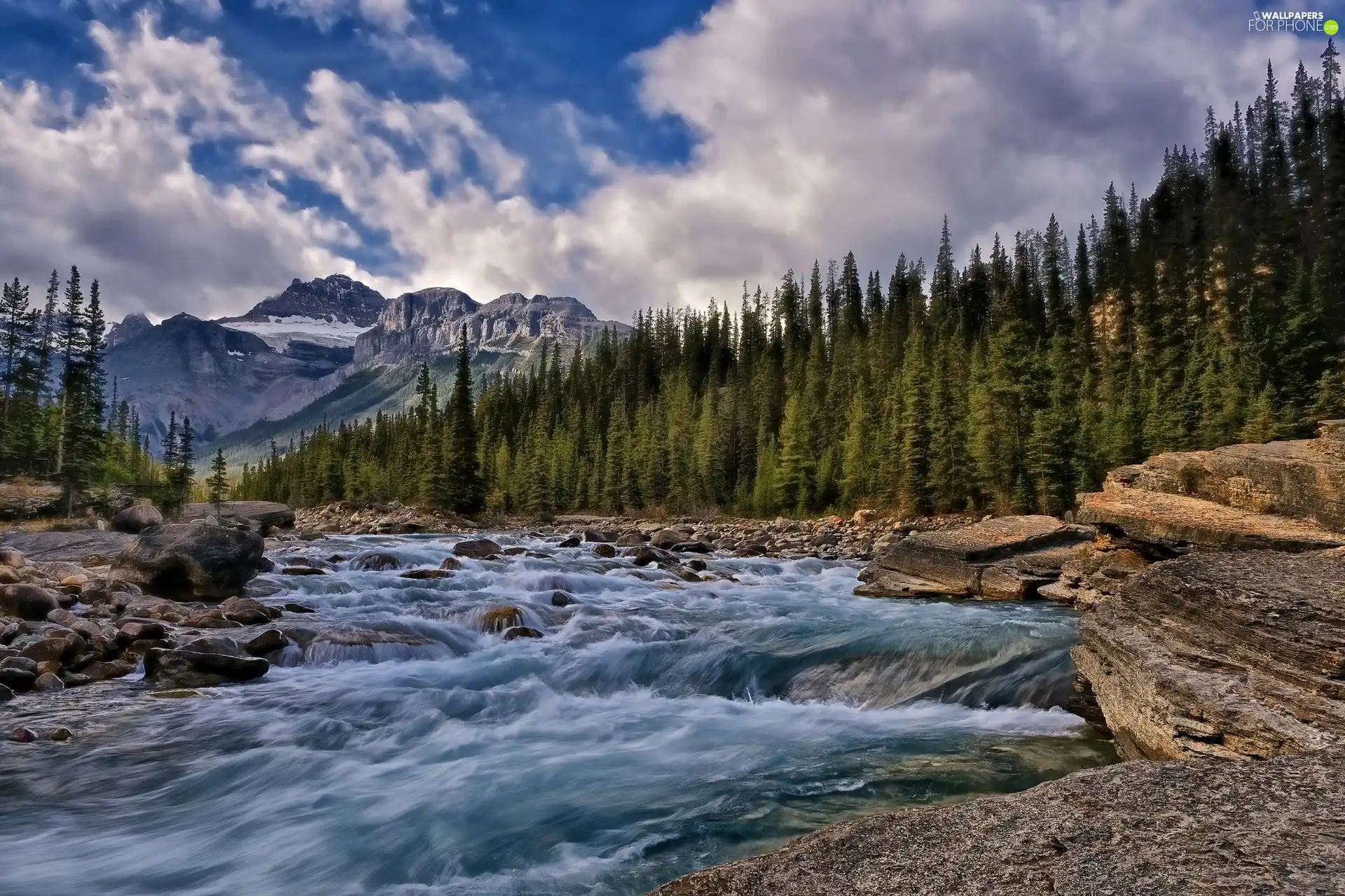 River, forest, Stones, Mountains