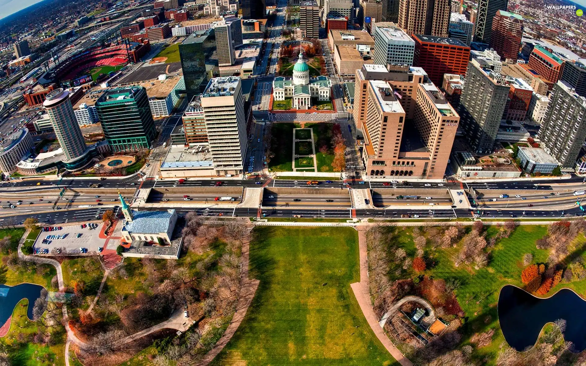 Town, Park, Street, skyscrapers