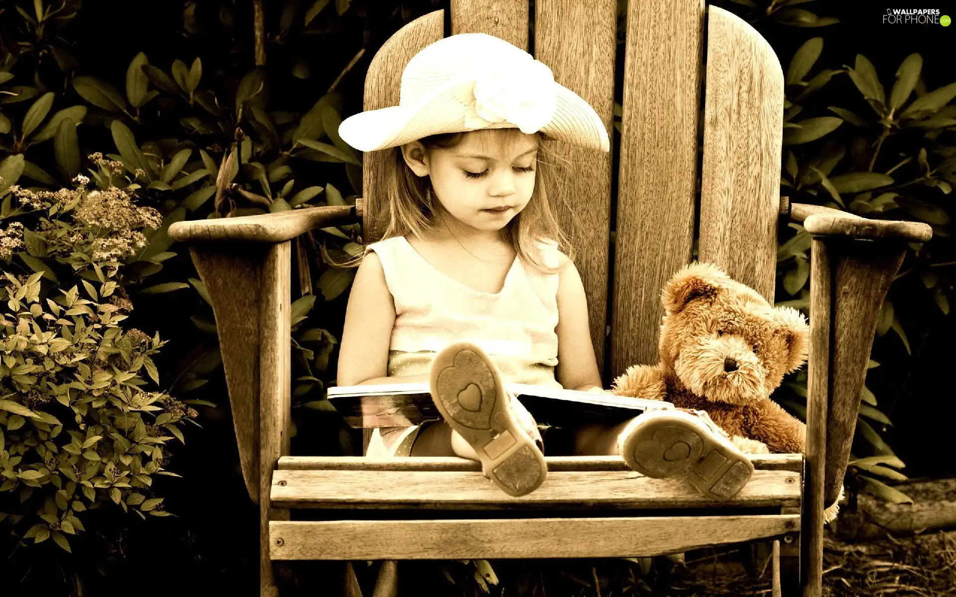 girl, Book, teddy bear, Chair