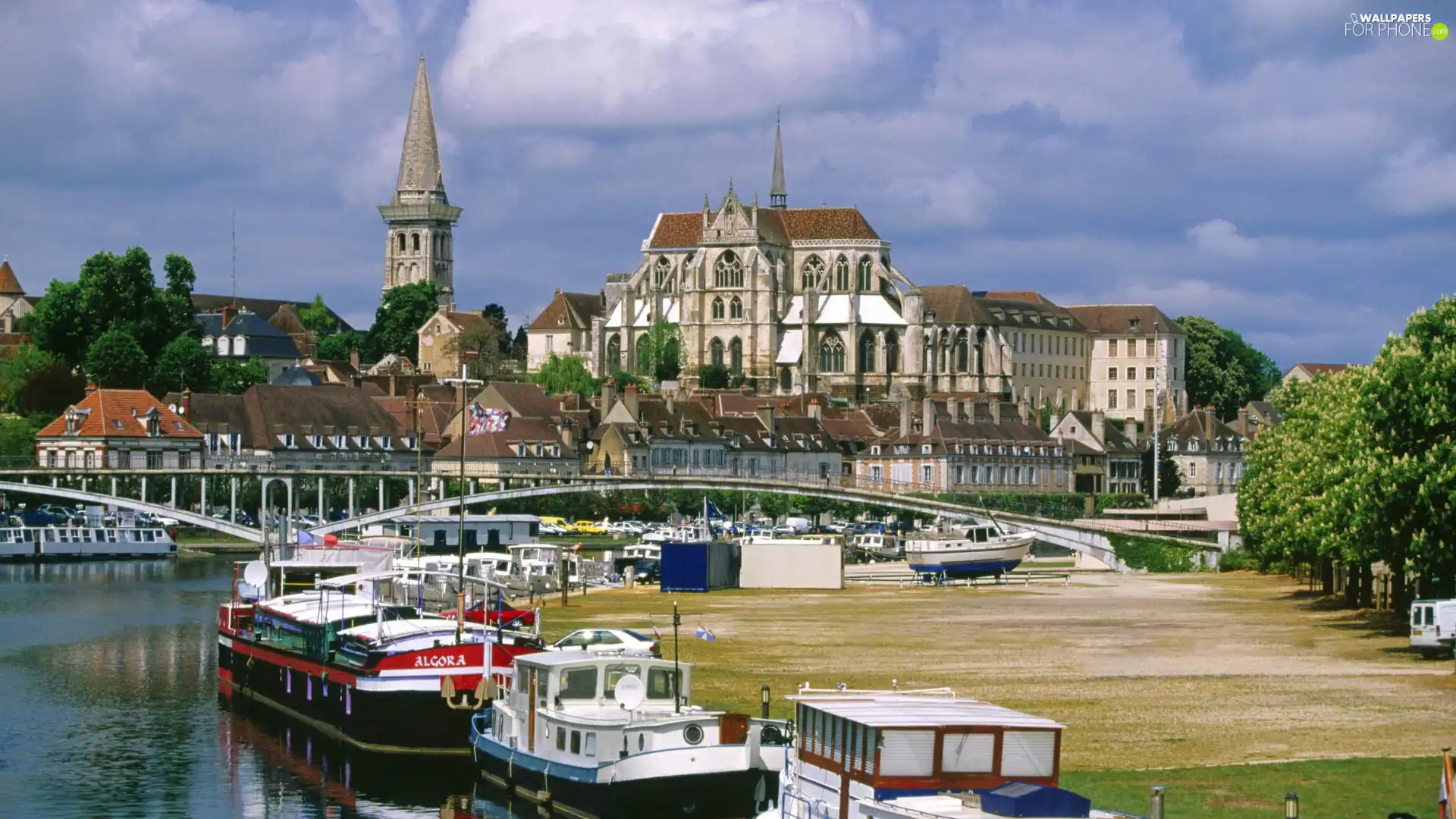 River, Barges, Town, bridge