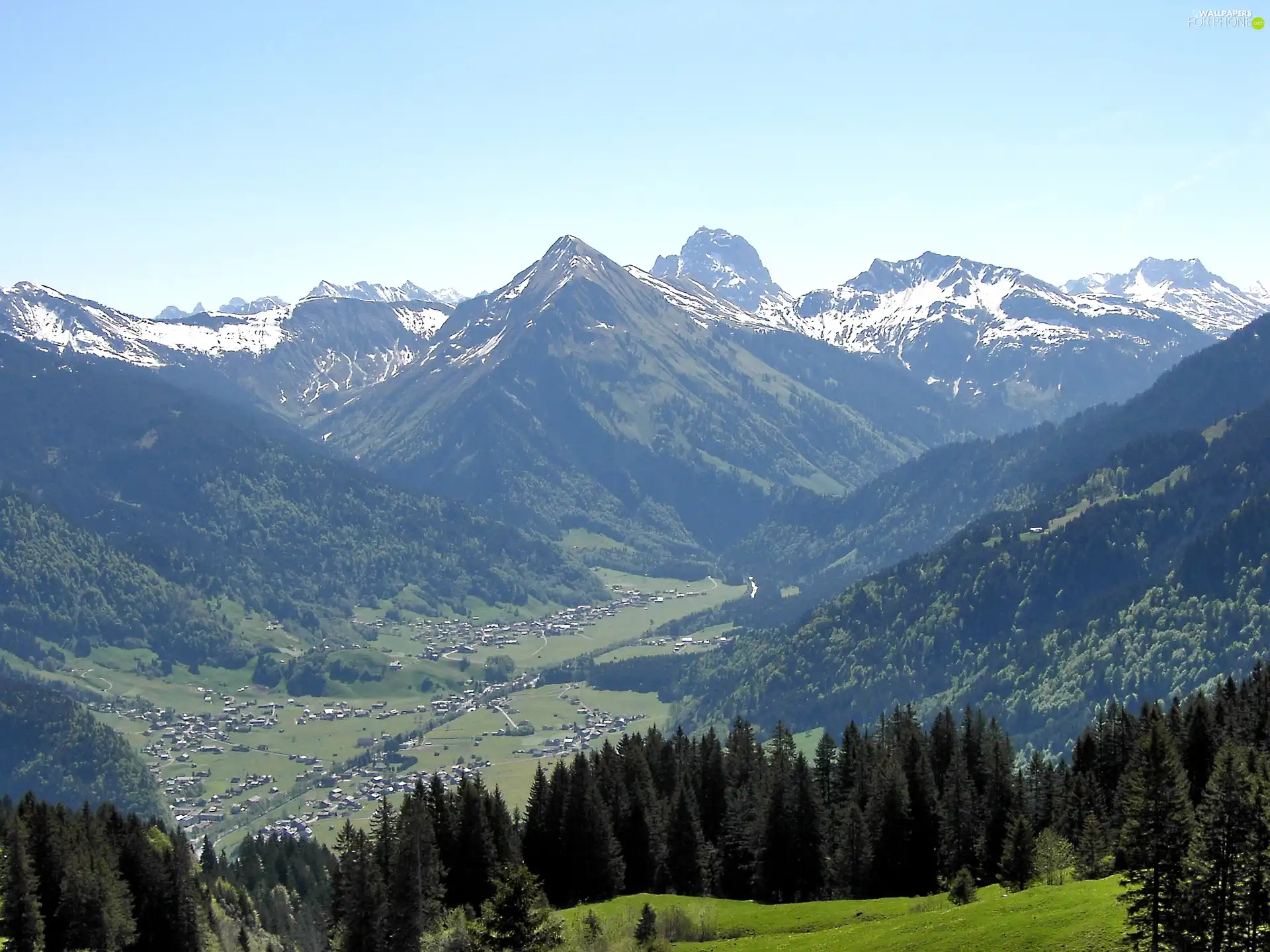 Mountains, Austria, trees, Snowy, Kanisfluh, Valley, viewes