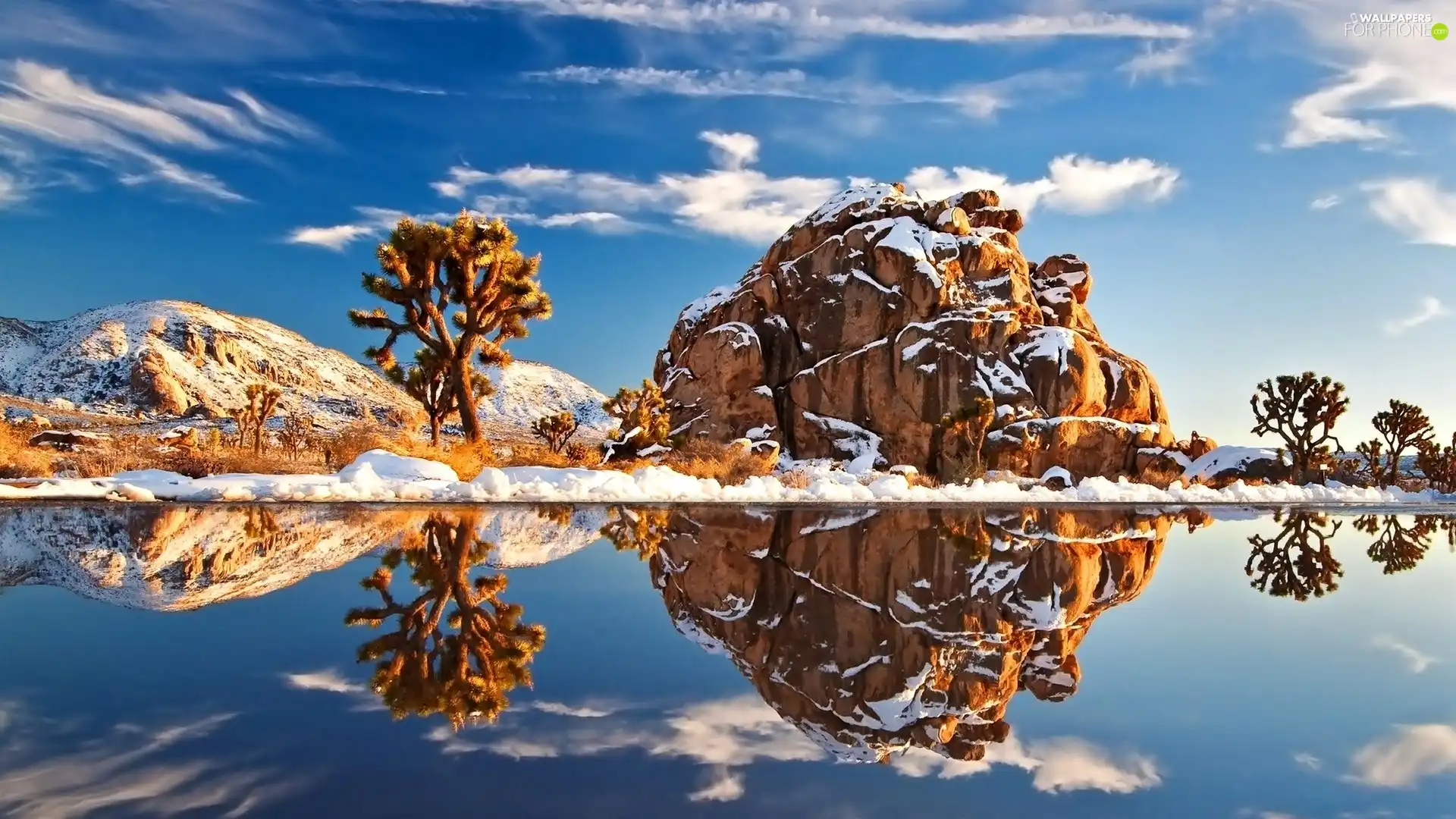 clouds, Mountains, viewes, snow, trees, lake