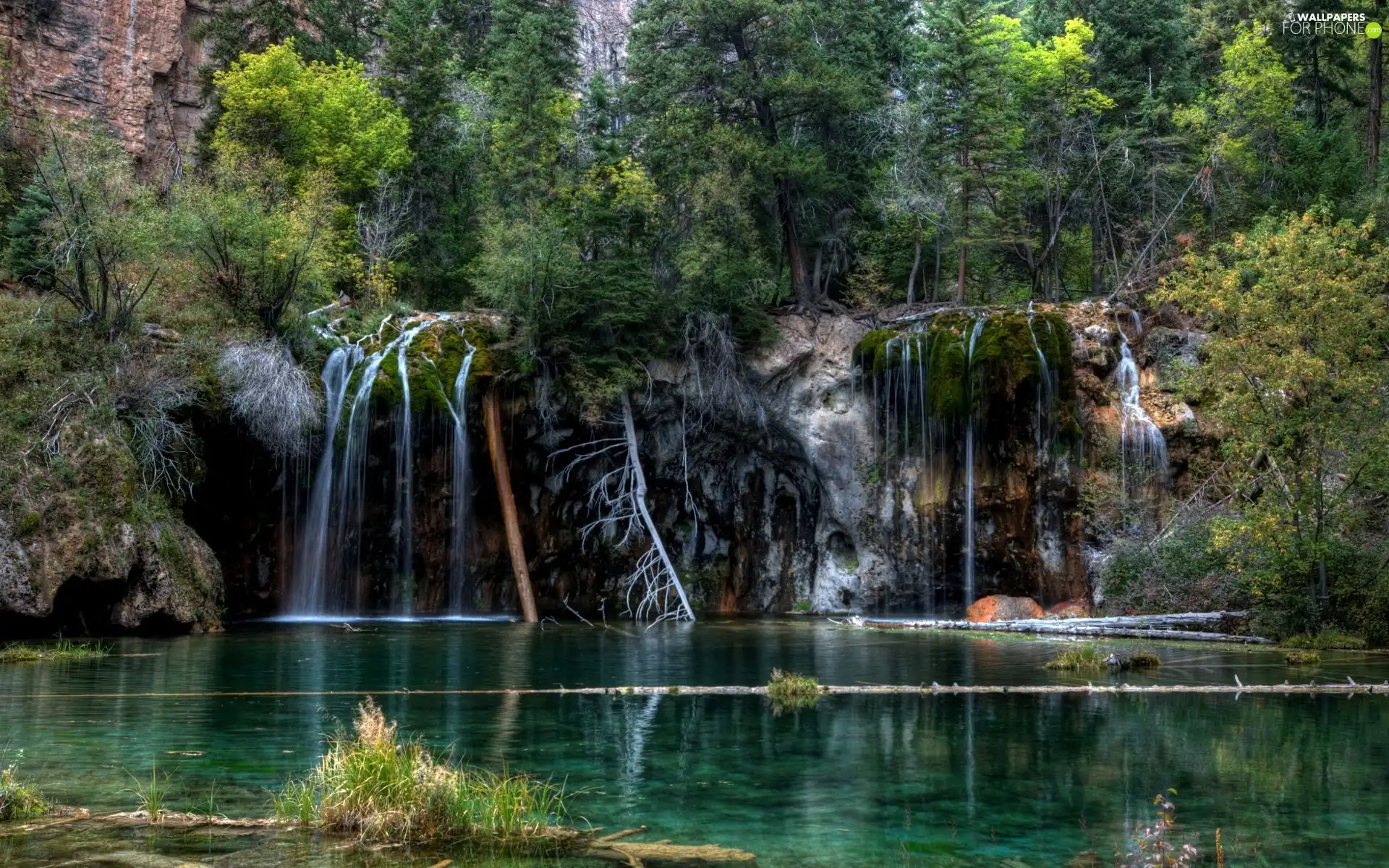 lake, waterfall