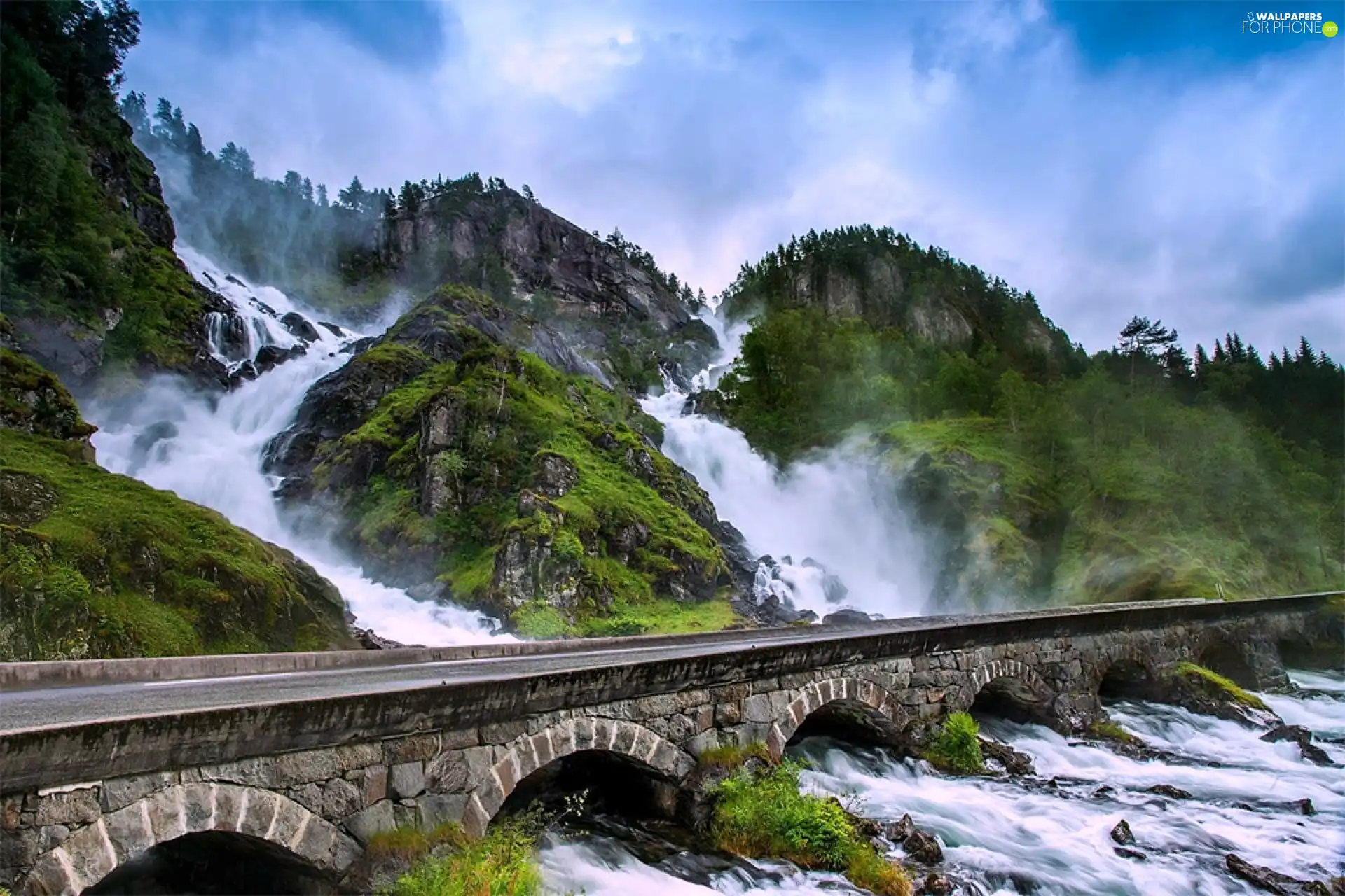 Latefossen, Norway, Way, bridge, River, waterfall