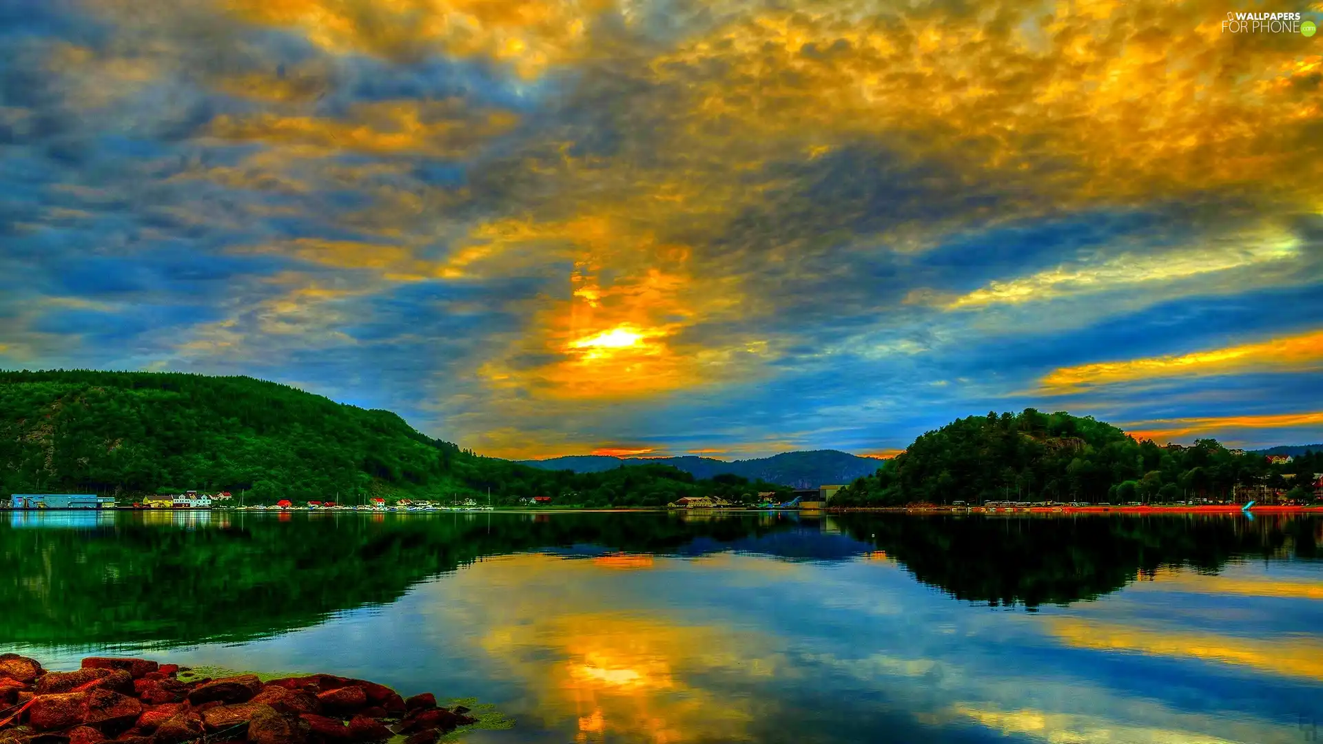 woods, lake, clouds