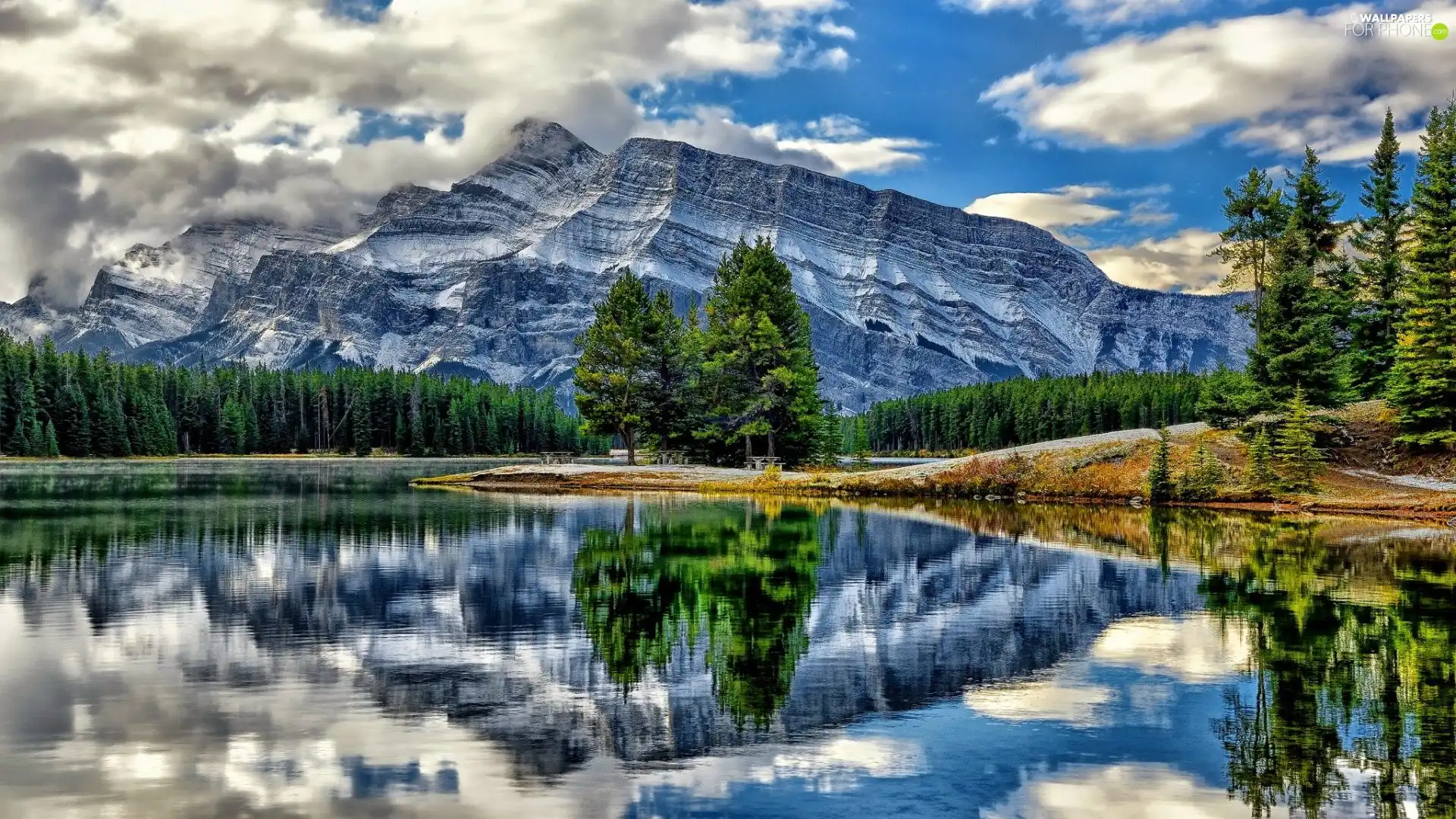 Mountains, River, woods, clouds